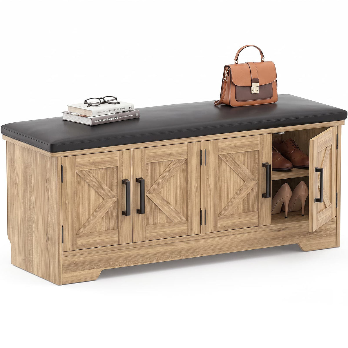 43.3" Farmhouse Shoe Storage Bench with Cushion for Entryway