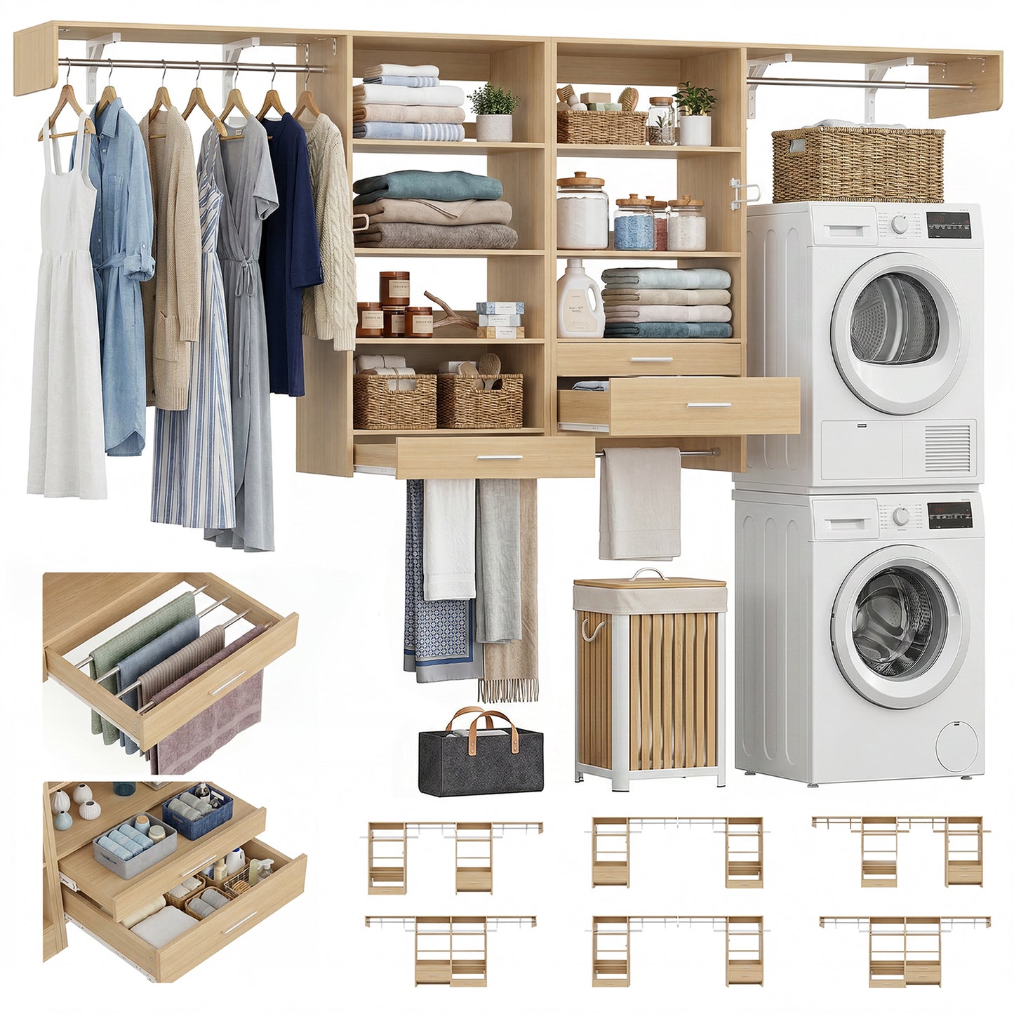120" Wall Mounted Laundry Room Organization with Pull-out Rack and Pull-out Shelve