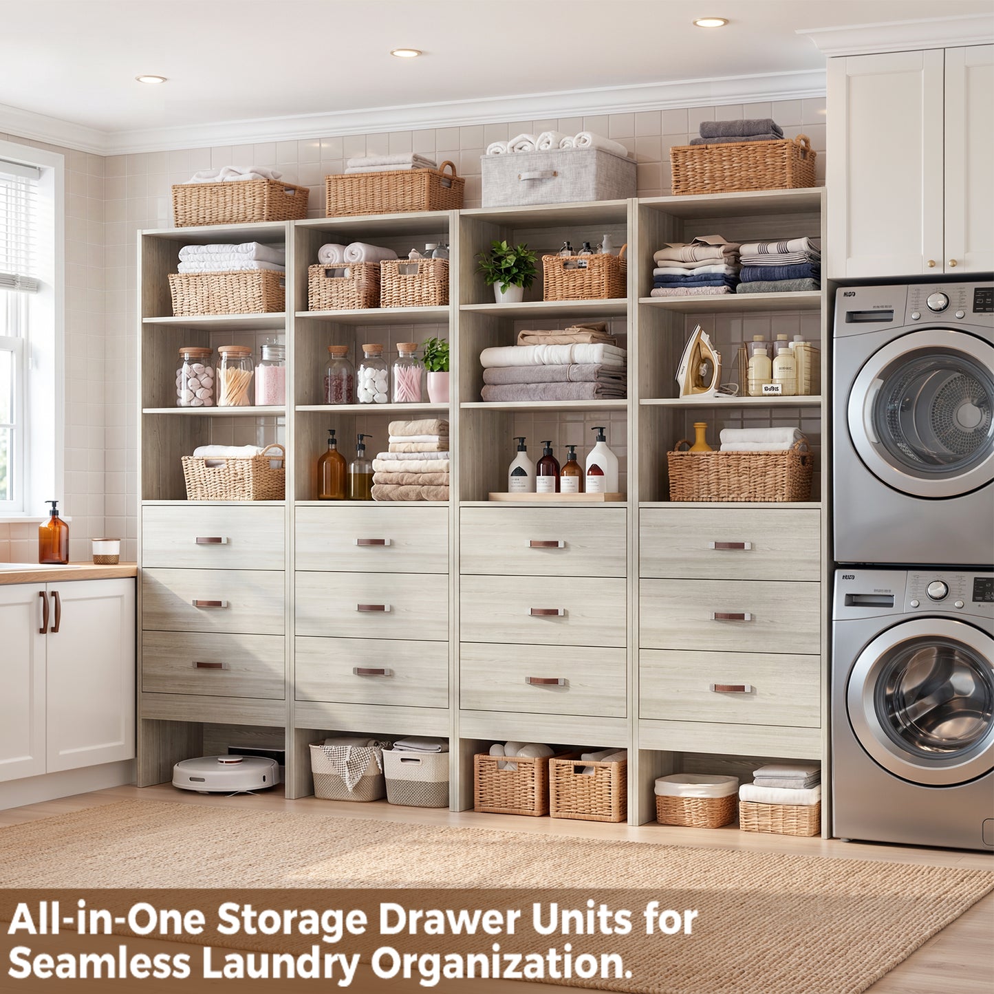 Freestanding 2FT Closet System with Leather Handles, 24" Walk-in Closets Storage Unit with Cabinet, Set of 4
