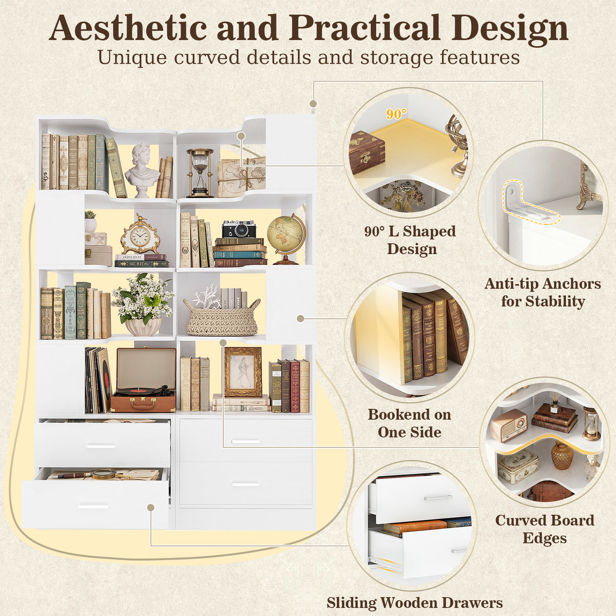 Corner Bookshelf with 4 Drawers, Small Corner Shelf with Drawers