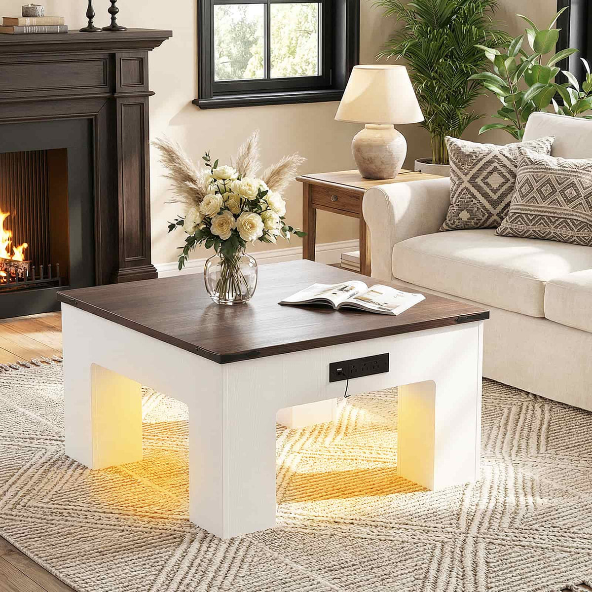 31.5" Square Coffee Table with Charging Station & LED Lights, 1" Thick Top