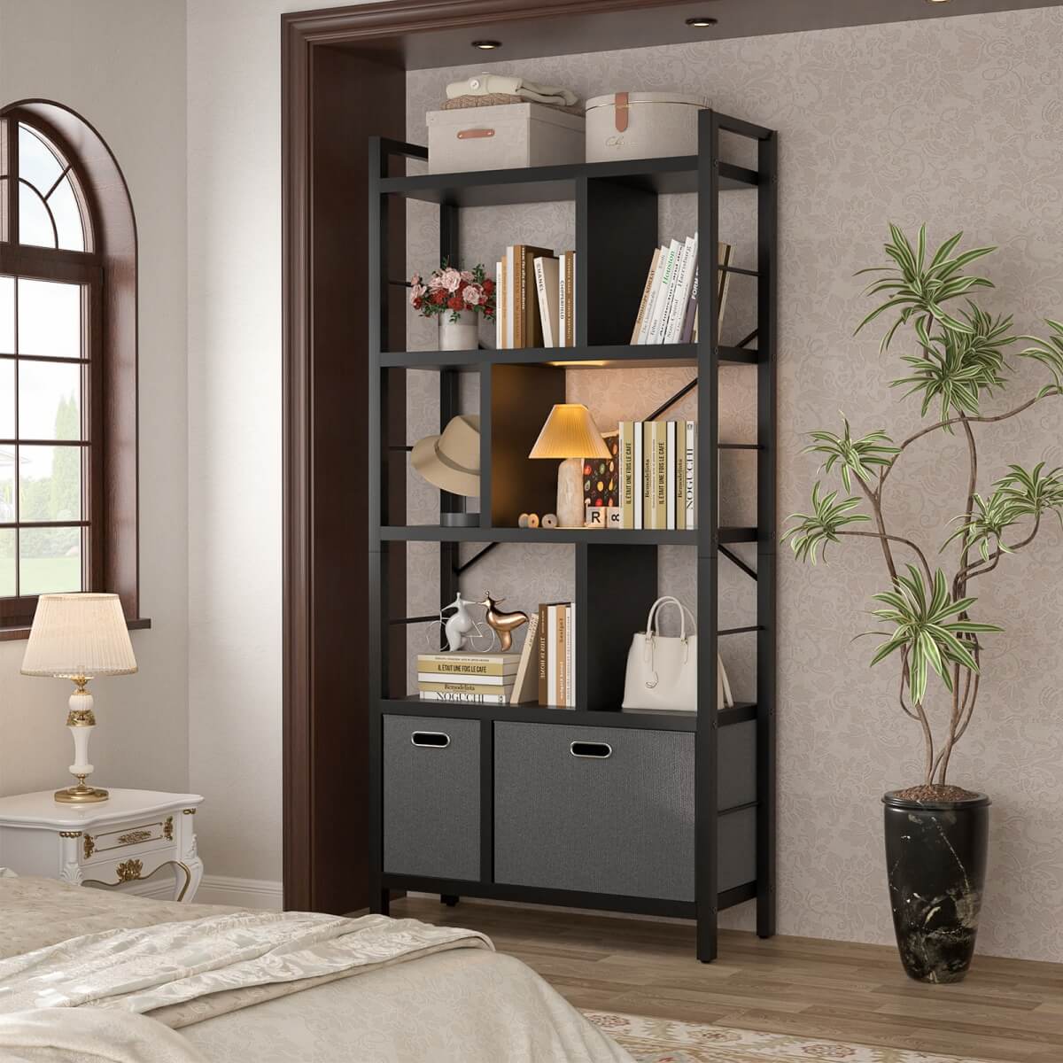 5 Tier Tall Geometric Bookcase with Drawers, for Living Room, Bedroom, Home Office