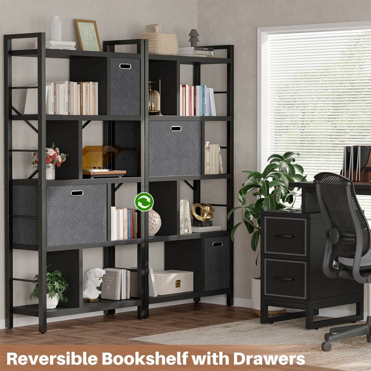 5 Tier Tall Geometric Bookcase with Drawers, for Living Room, Bedroom, Home Office