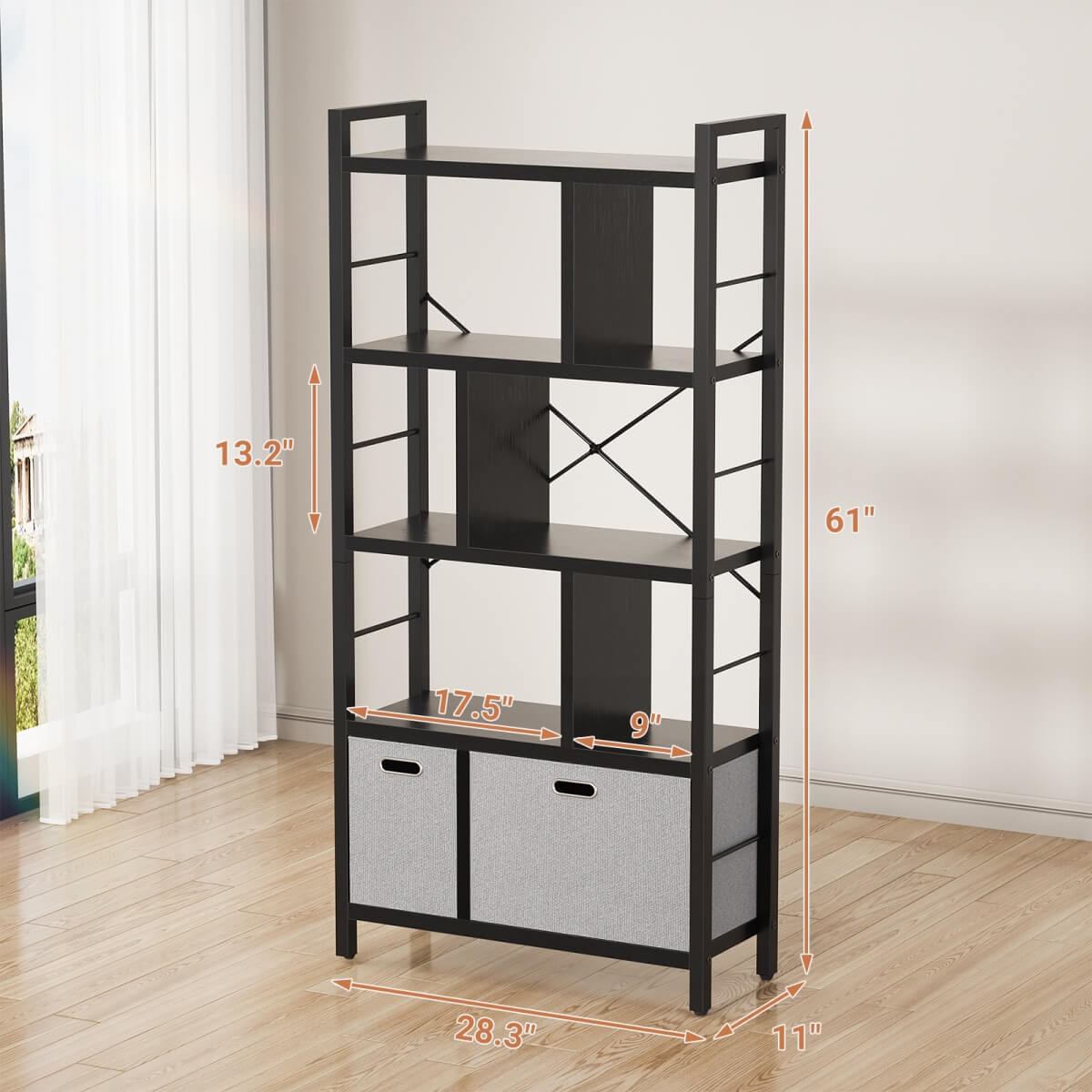5 Tier Tall Geometric Bookcase with Drawers, for Living Room, Bedroom, Home Office