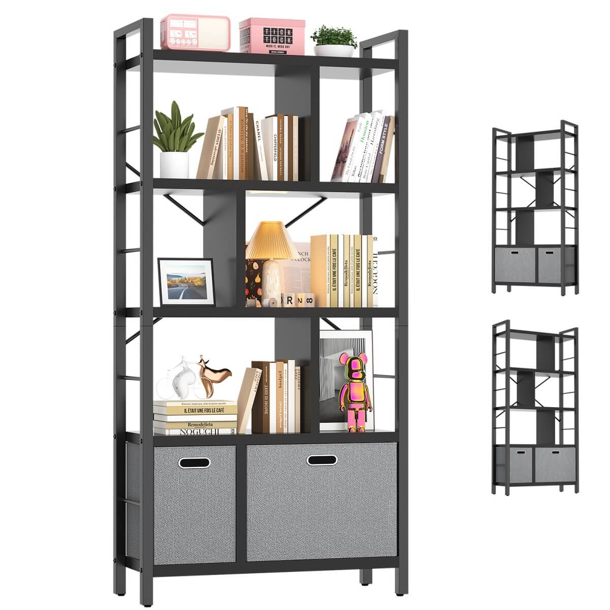 5 Tier Tall Geometric Bookcase with Drawers, for Living Room, Bedroom, Home Office