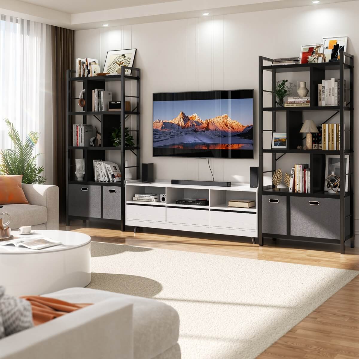 5 Tier Tall Geometric Bookcase with Drawers, for Living Room, Bedroom, Home Office