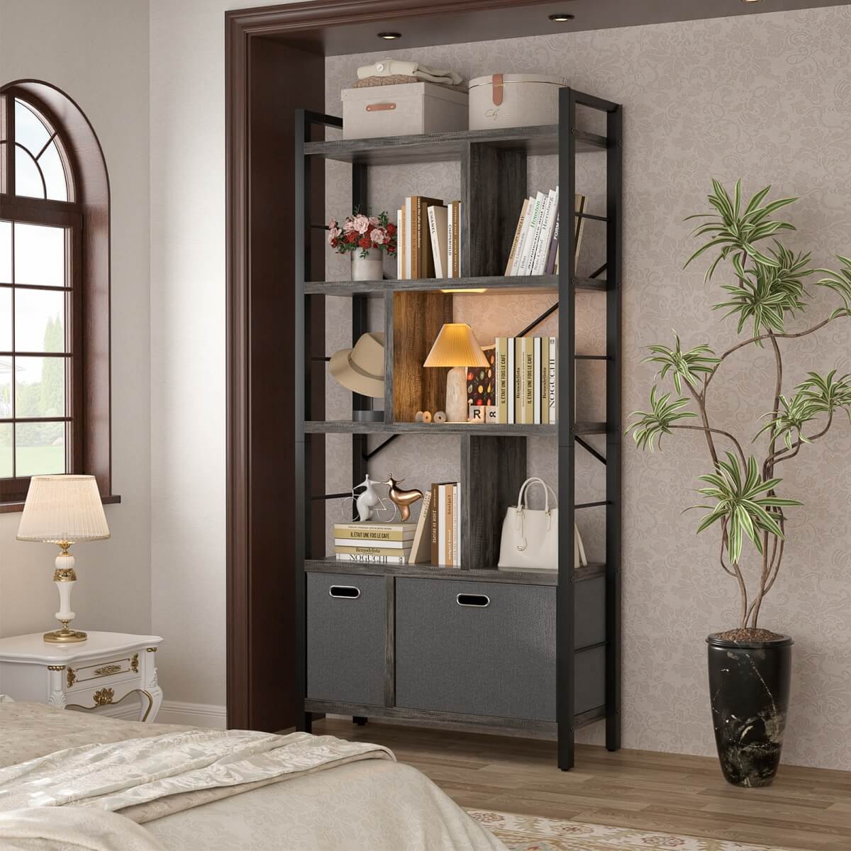 5 Tier Tall Geometric Bookcase with Drawers, for Living Room, Bedroom, Home Office