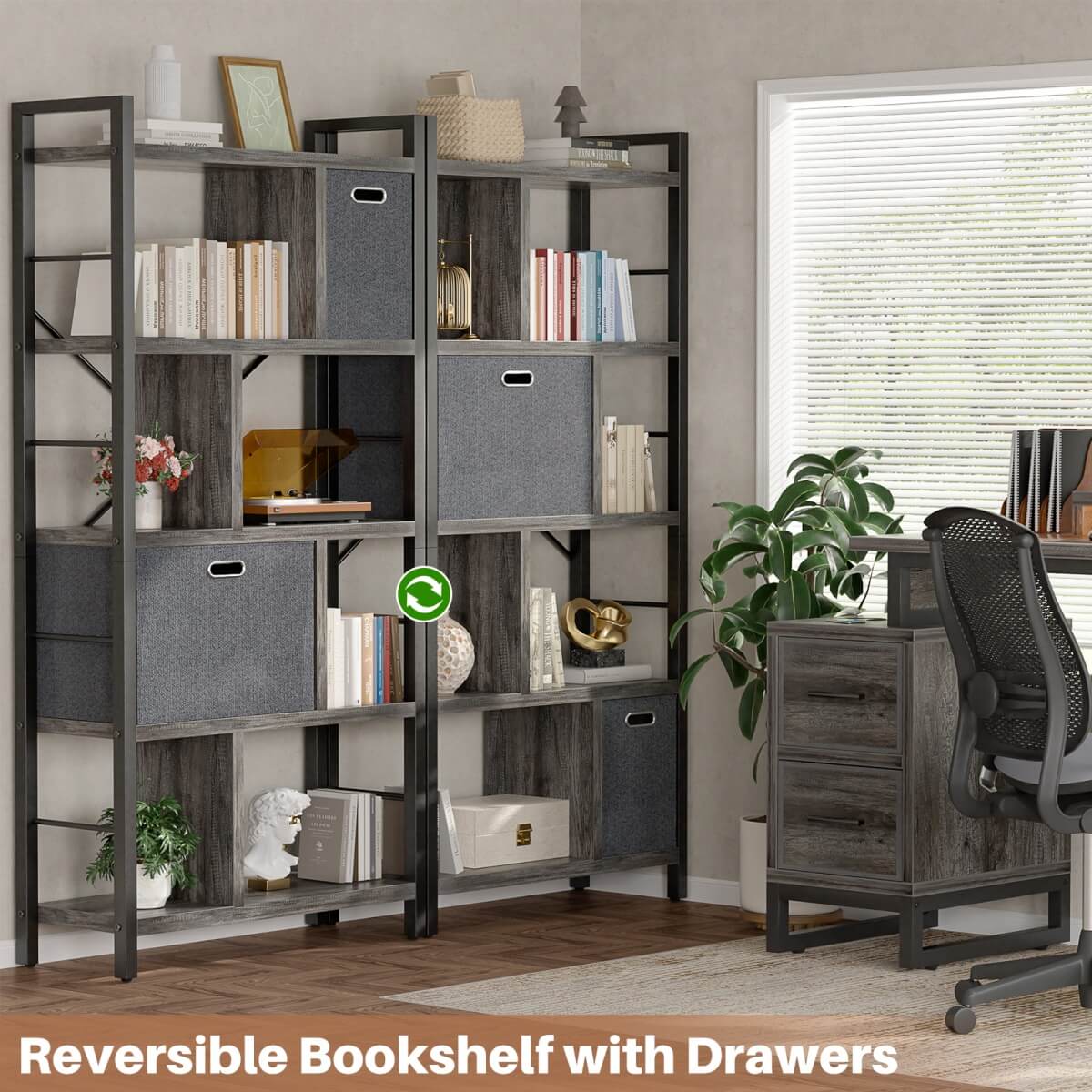 5 Tier Tall Geometric Bookcase with Drawers, for Living Room, Bedroom, Home Office