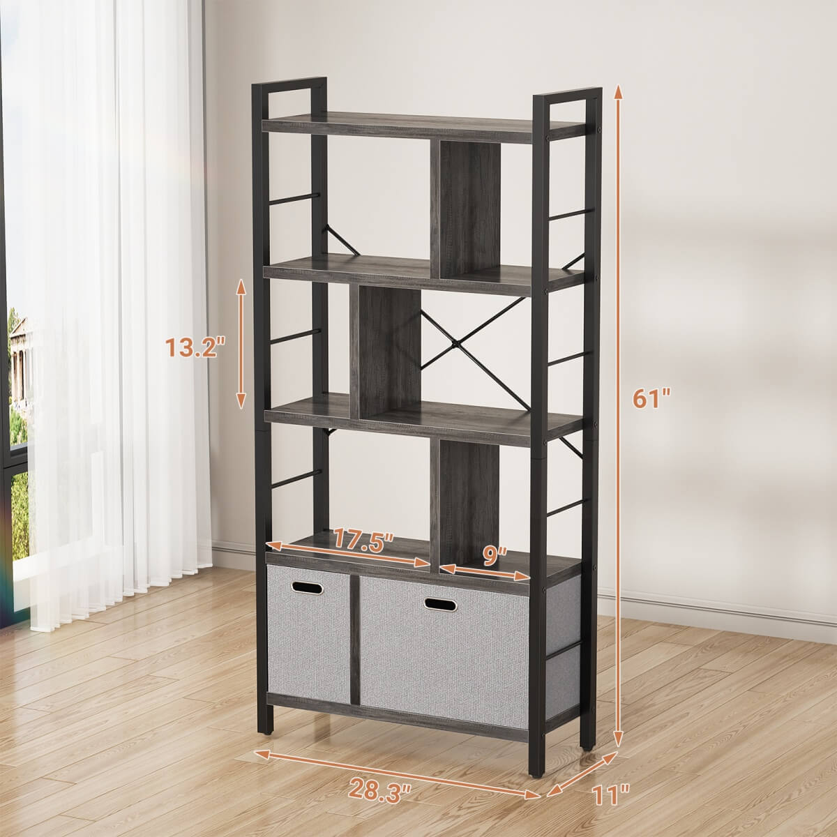 5 Tier Tall Geometric Bookcase with Drawers, for Living Room, Bedroom, Home Office