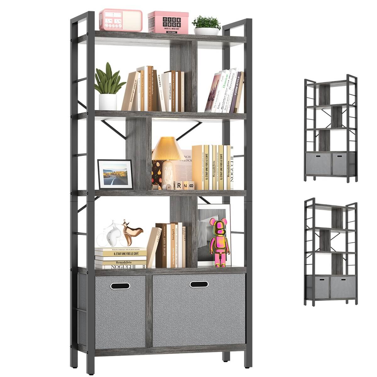 5 Tier Tall Geometric Bookcase with Drawers, for Living Room, Bedroom, Home Office