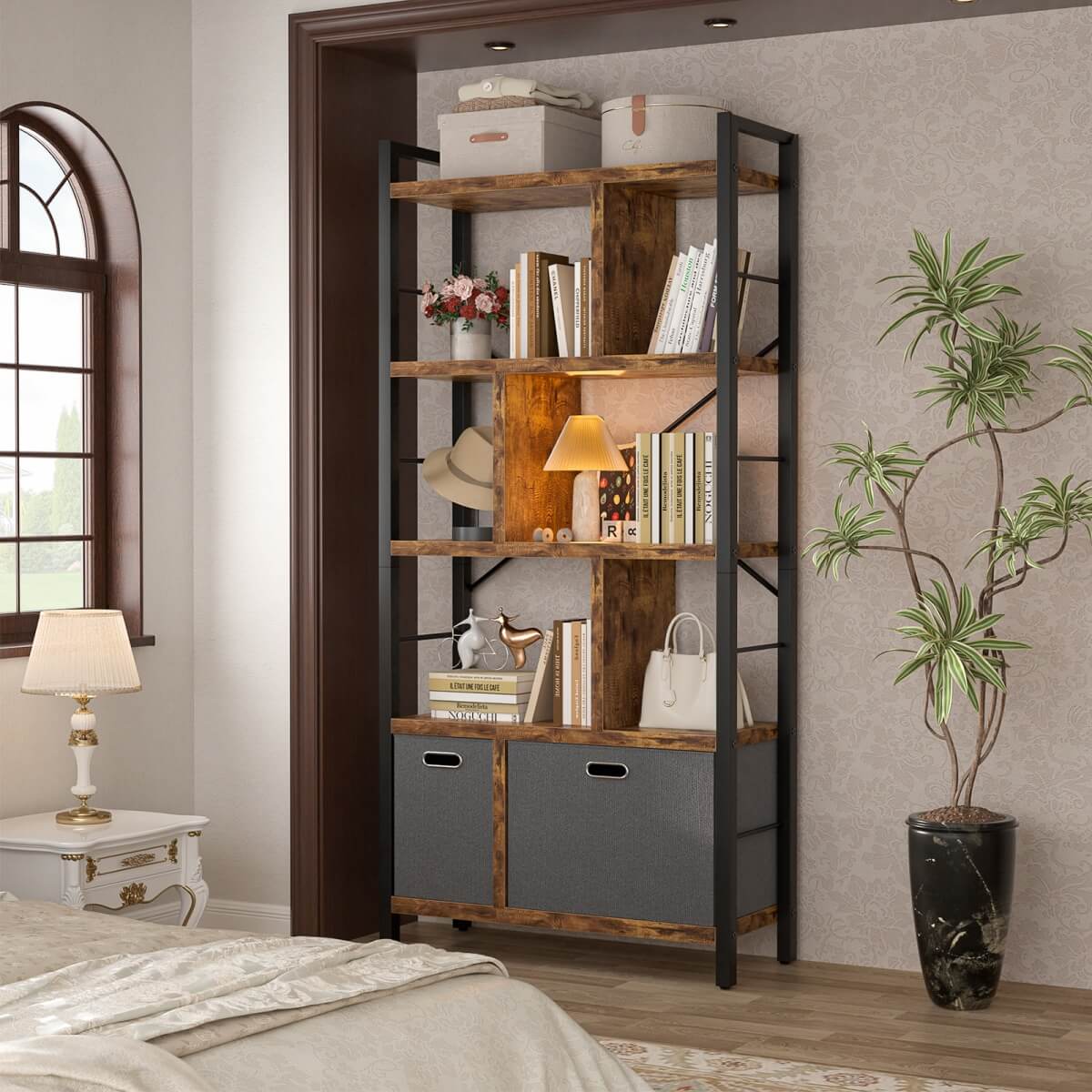 5 Tier Tall Geometric Bookcase with Drawers, for Living Room, Bedroom, Home Office