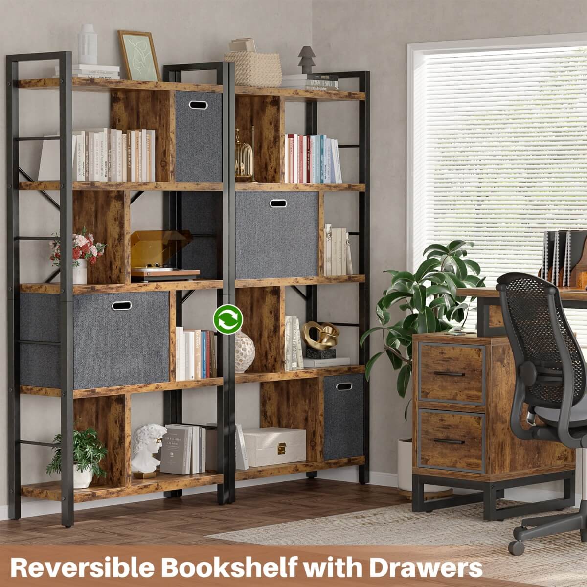 5 Tier Tall Geometric Bookcase with Drawers, for Living Room, Bedroom, Home Office