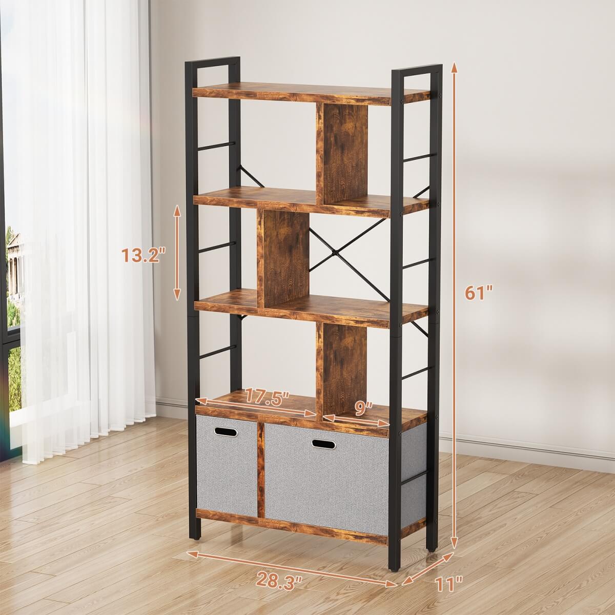 5 Tier Tall Geometric Bookcase with Drawers, for Living Room, Bedroom, Home Office