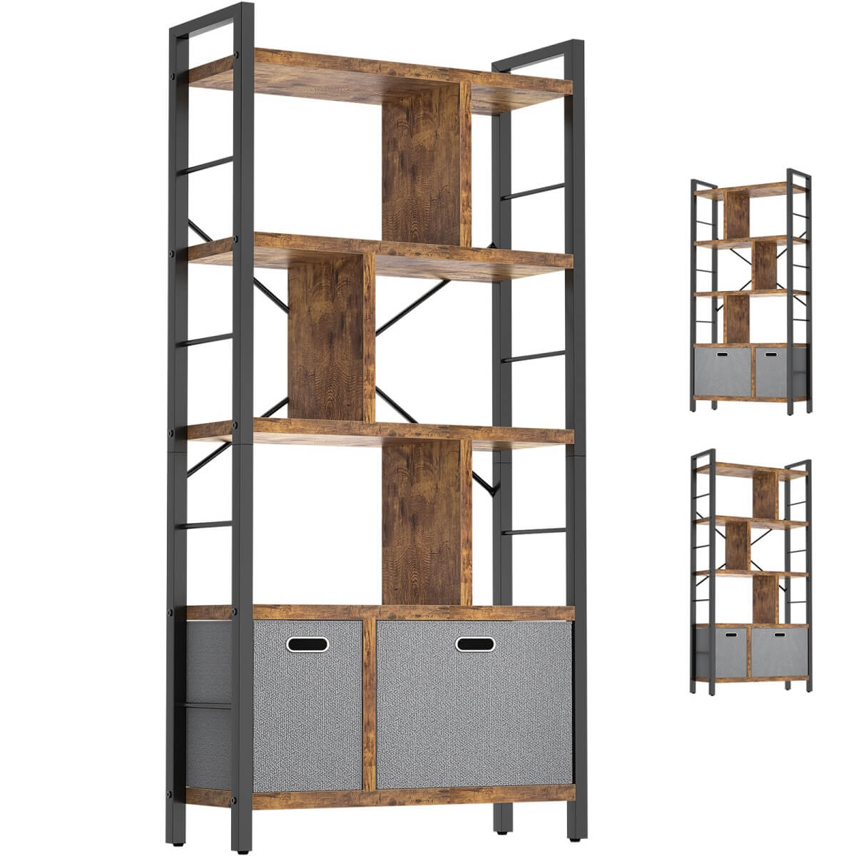 5 Tier Tall Geometric Bookcase with Drawers, for Living Room, Bedroom, Home Office