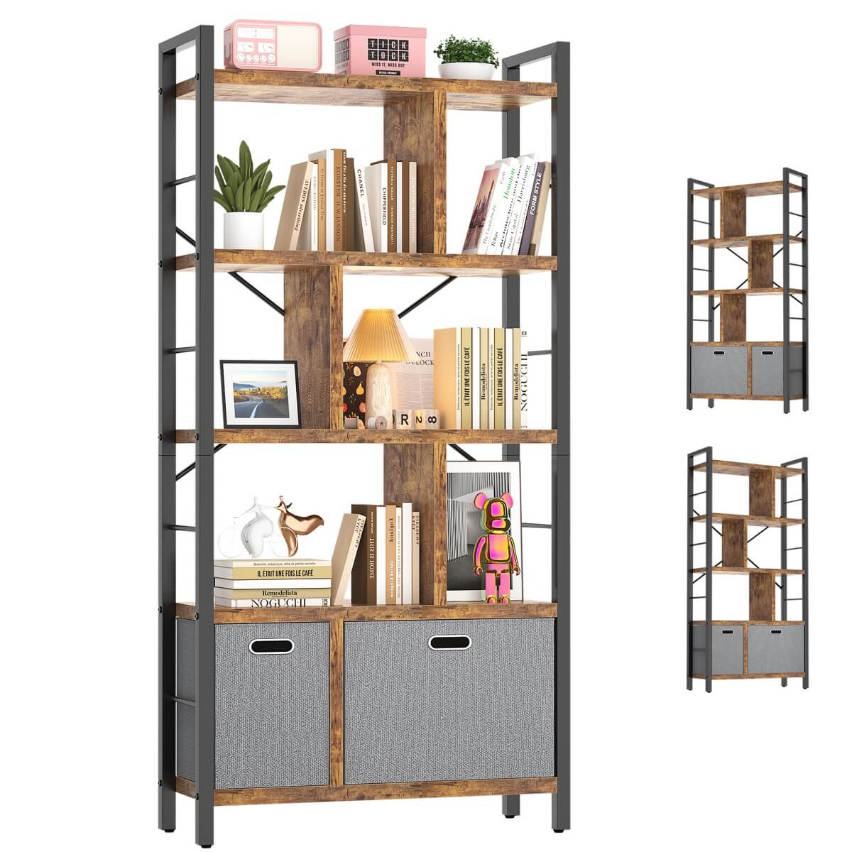 5 Tier Tall Geometric Bookcase with Drawers, for Living Room, Bedroom, Home Office