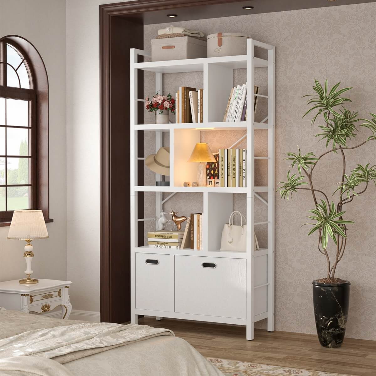 5 Tier Tall Geometric Bookcase with Drawers, for Living Room, Bedroom, Home Office
