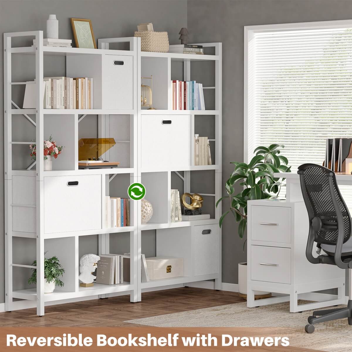 5 Tier Tall Geometric Bookcase with Drawers, for Living Room, Bedroom, Home Office