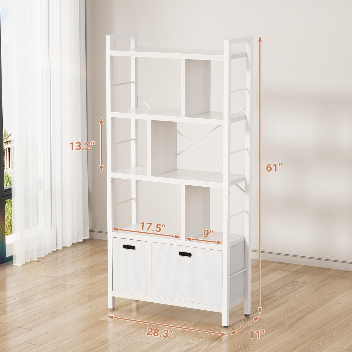 5 Tier Tall Geometric Bookcase with Drawers, for Living Room, Bedroom, Home Office