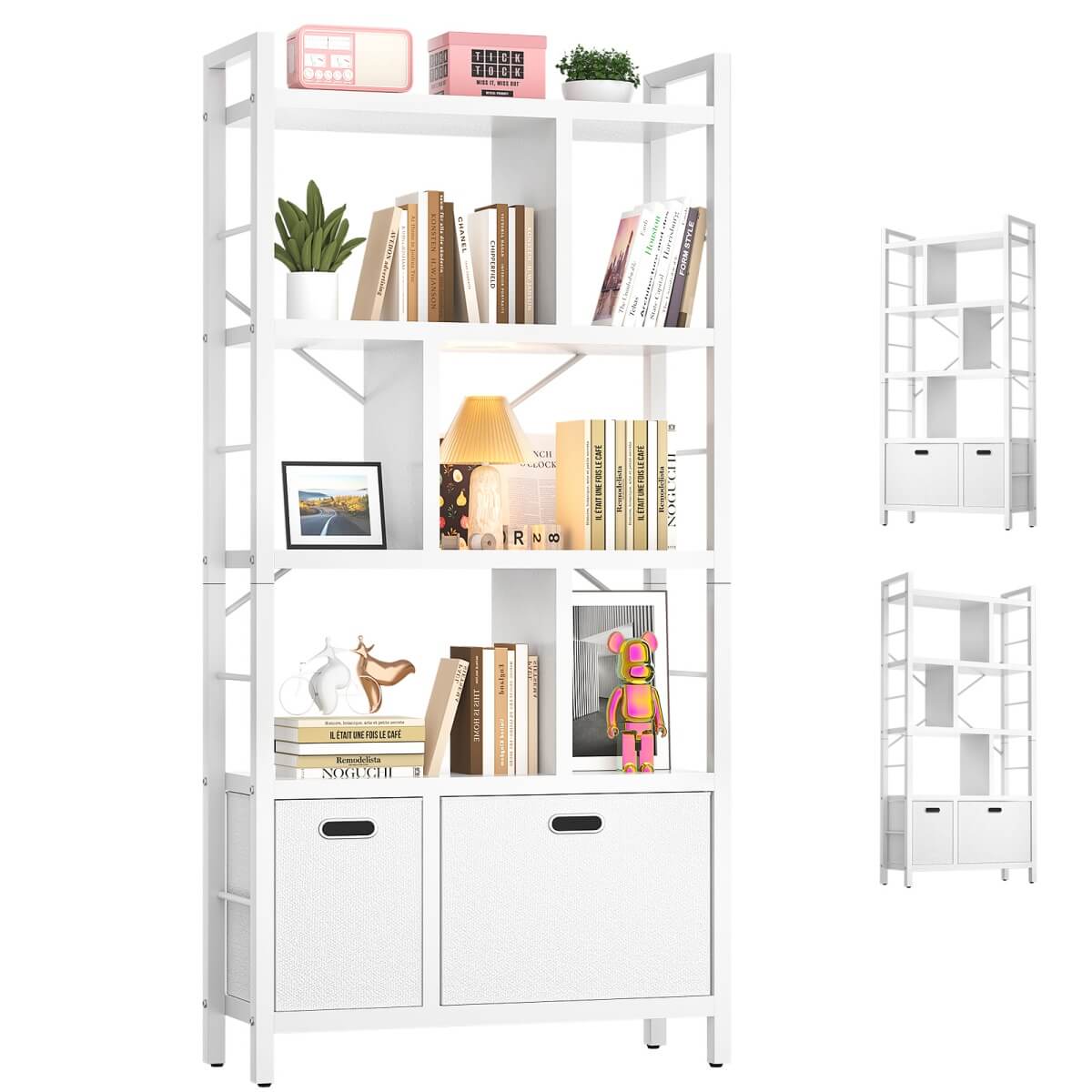 5 Tier Tall Geometric Bookcase with Drawers, for Living Room, Bedroom, Home Office