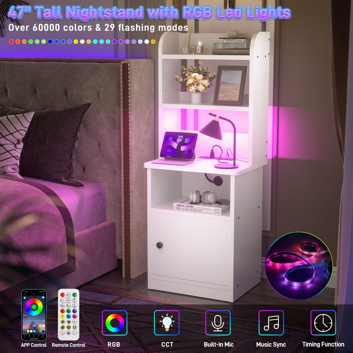 47" Tall Nightstand with Charging Station and LED Lights