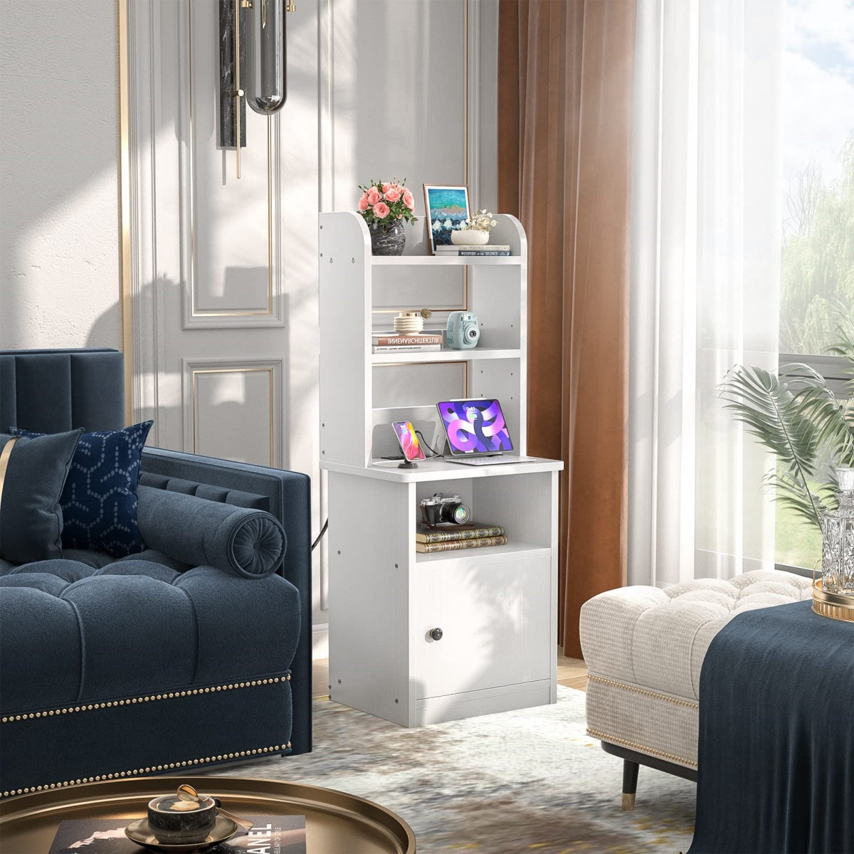 47" Tall Nightstand with Charging Station and LED Lights