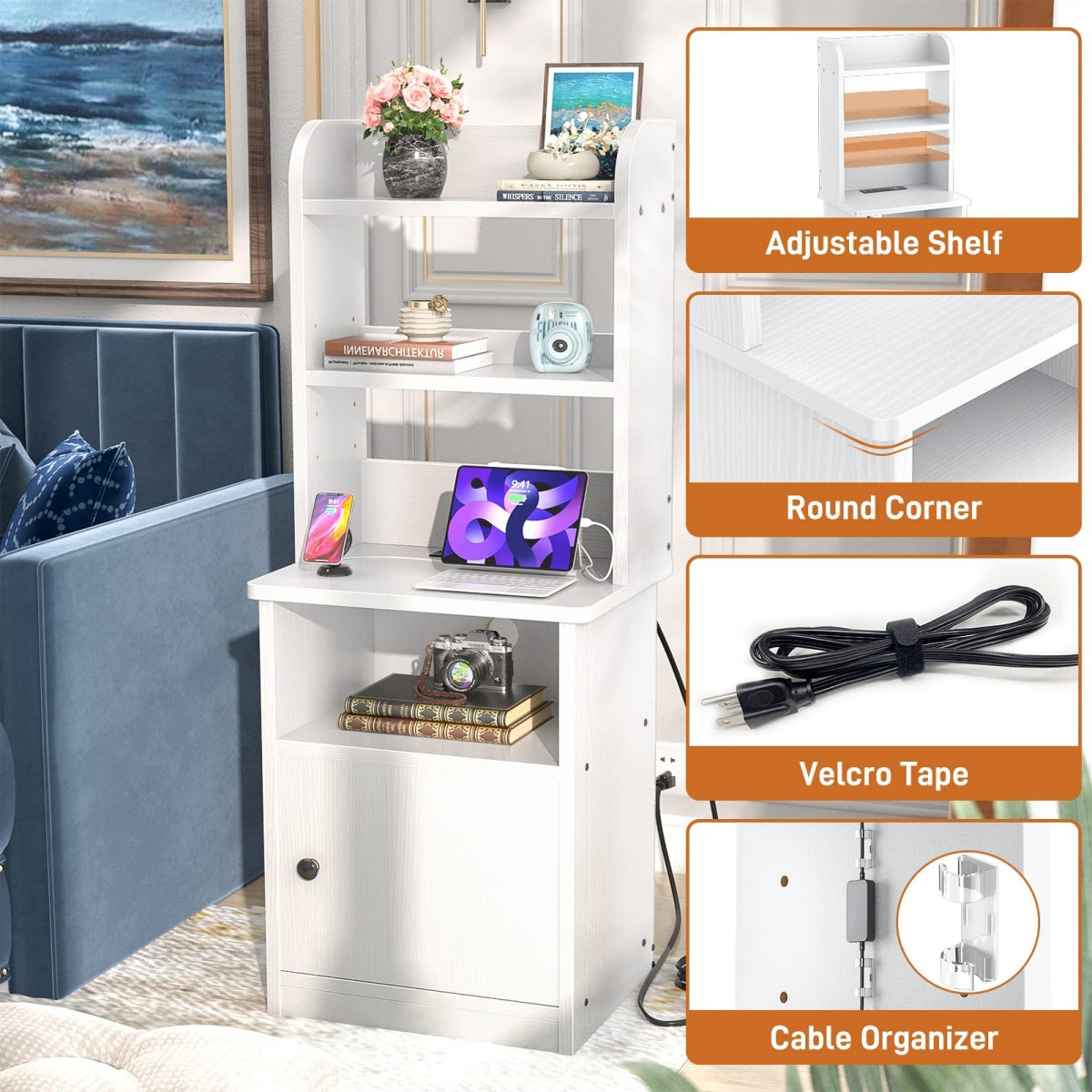 47" Tall Nightstand with Charging Station and LED Lights