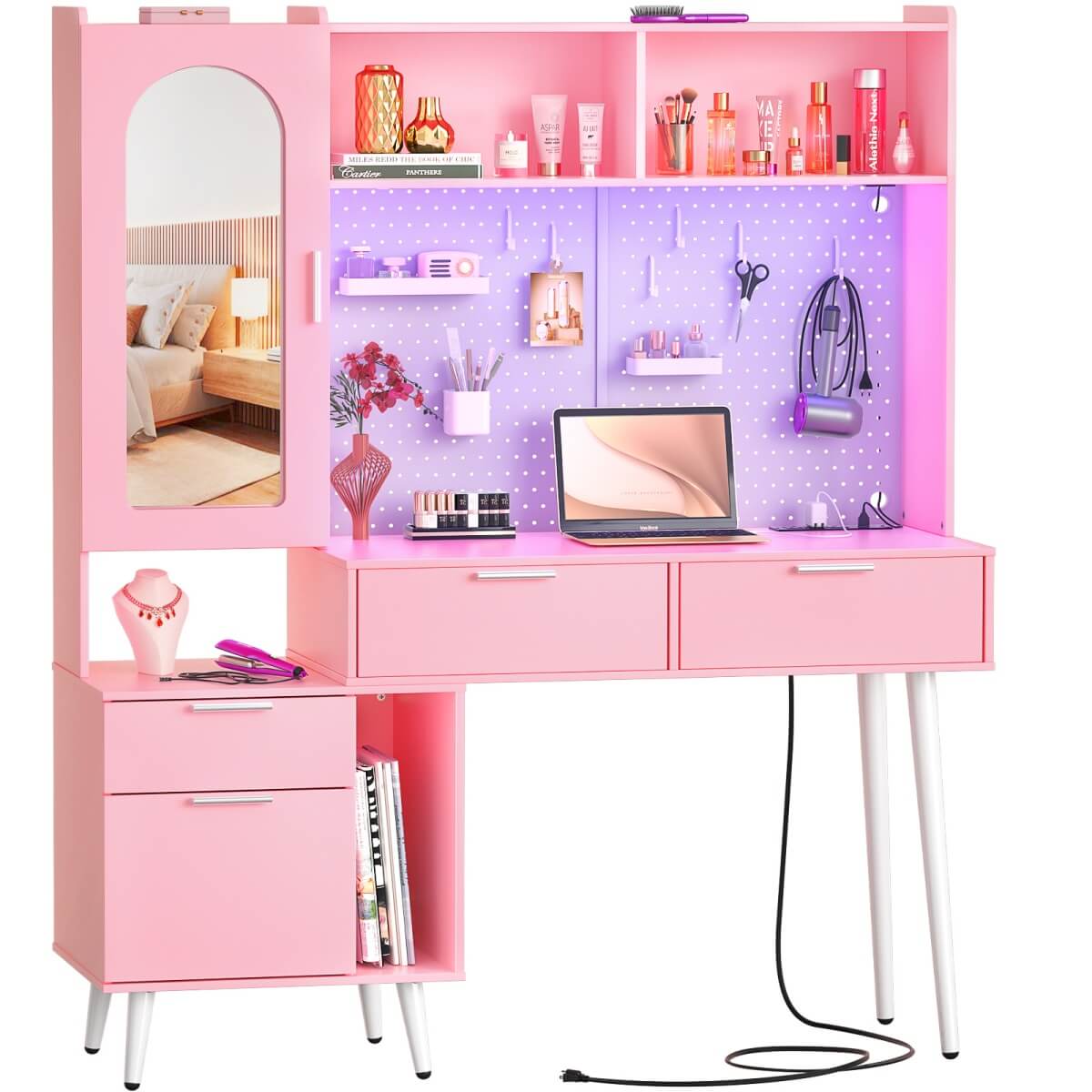 48'' Makeup Vanity with Hutch Storage, Charging Station & LED Lights
