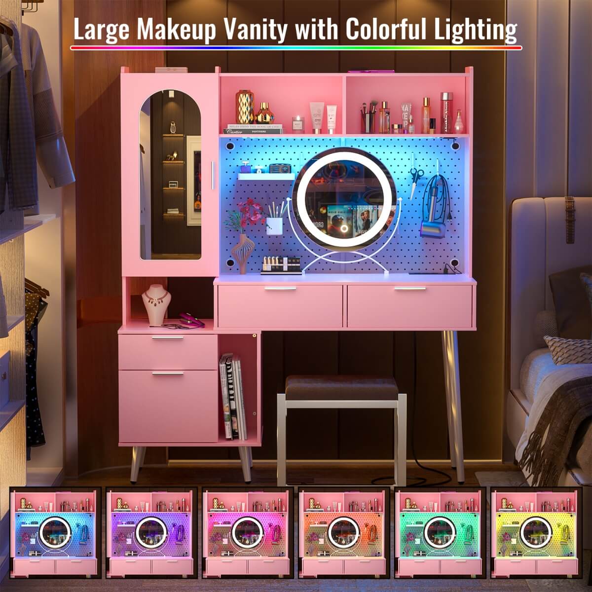 48'' Makeup Vanity with Hutch Storage, Charging Station & LED Lights
