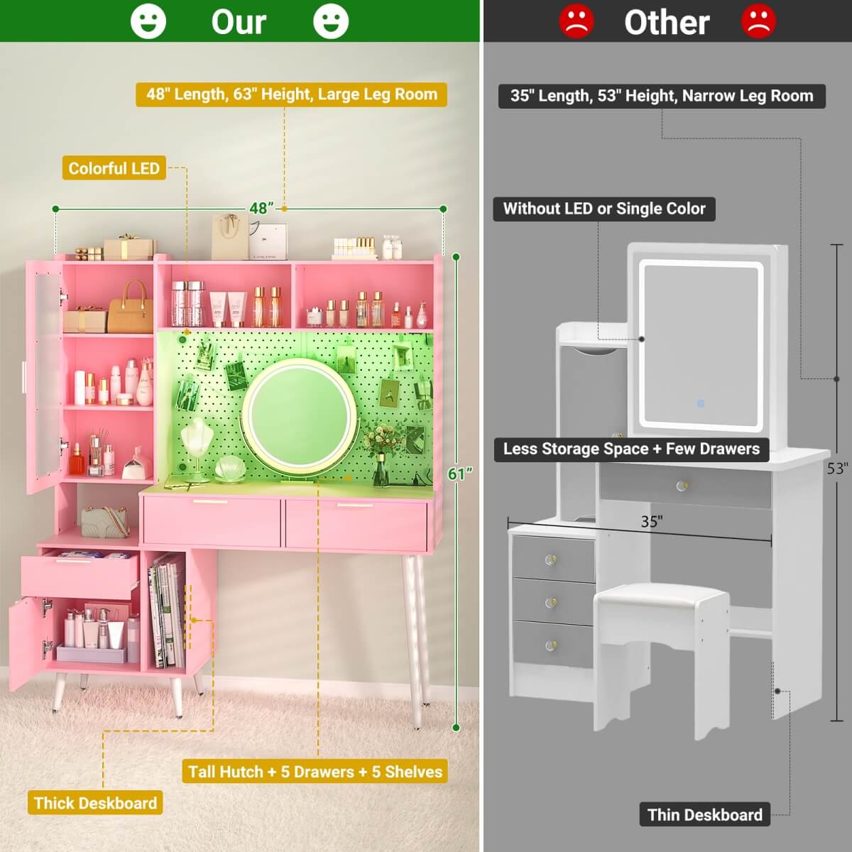 48'' Makeup Vanity with Hutch Storage, Charging Station & LED Lights