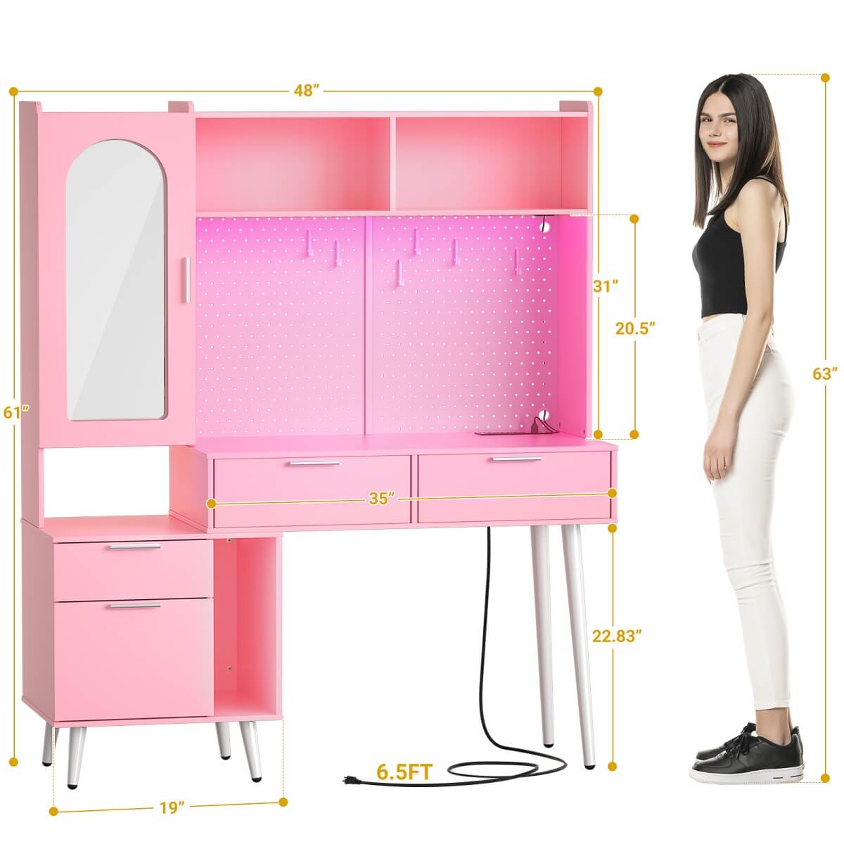 48'' Makeup Vanity with Hutch Storage, Charging Station & LED Lights
