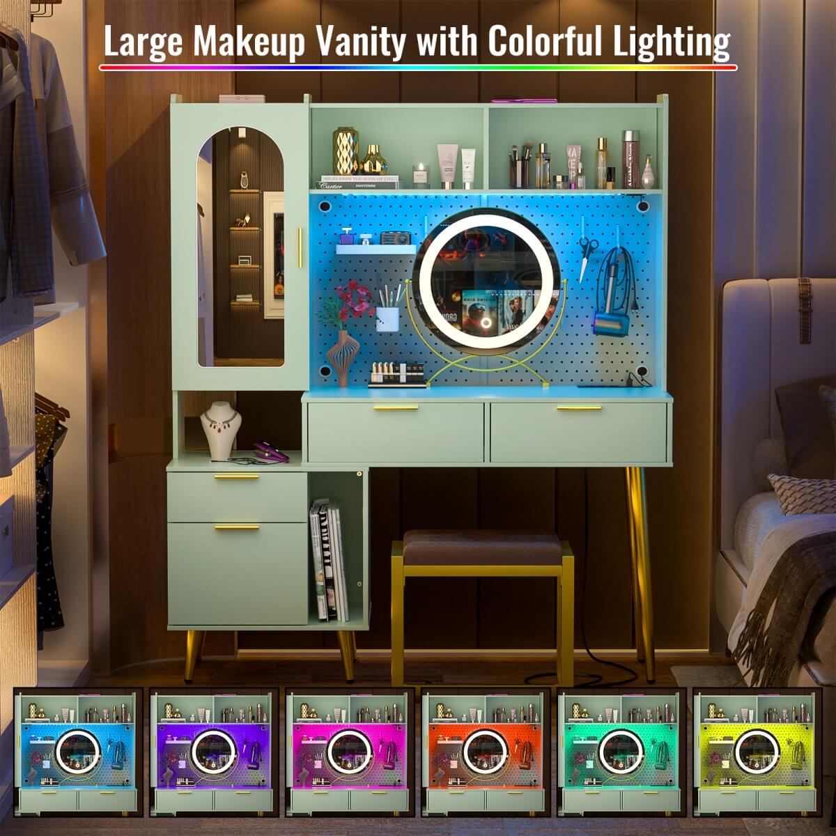 48'' Makeup Vanity with Hutch Storage, Charging Station & LED Lights