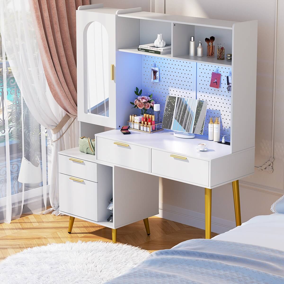48'' Makeup Vanity with Hutch Storage, Charging Station & LED Lights