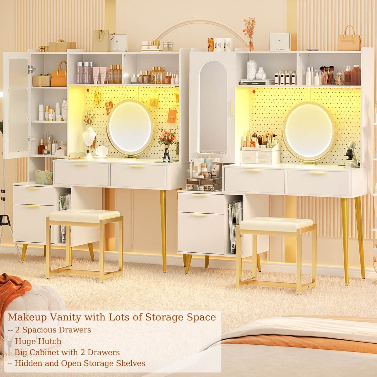 48'' Makeup Vanity with Hutch Storage, Charging Station & LED Lights