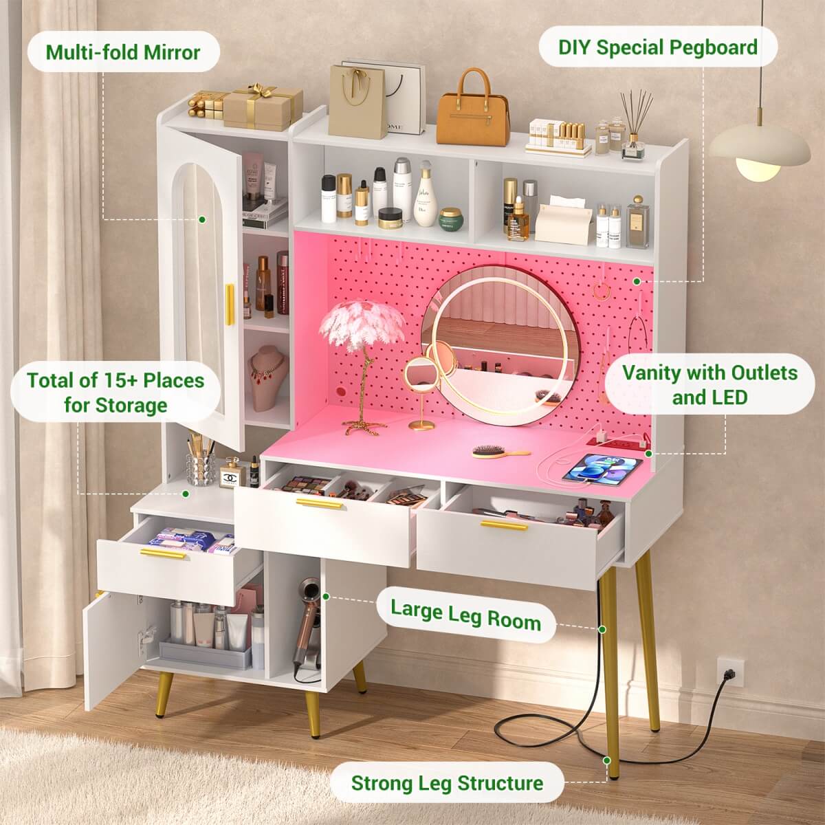 48'' Makeup Vanity with Hutch Storage, Charging Station & LED Lights