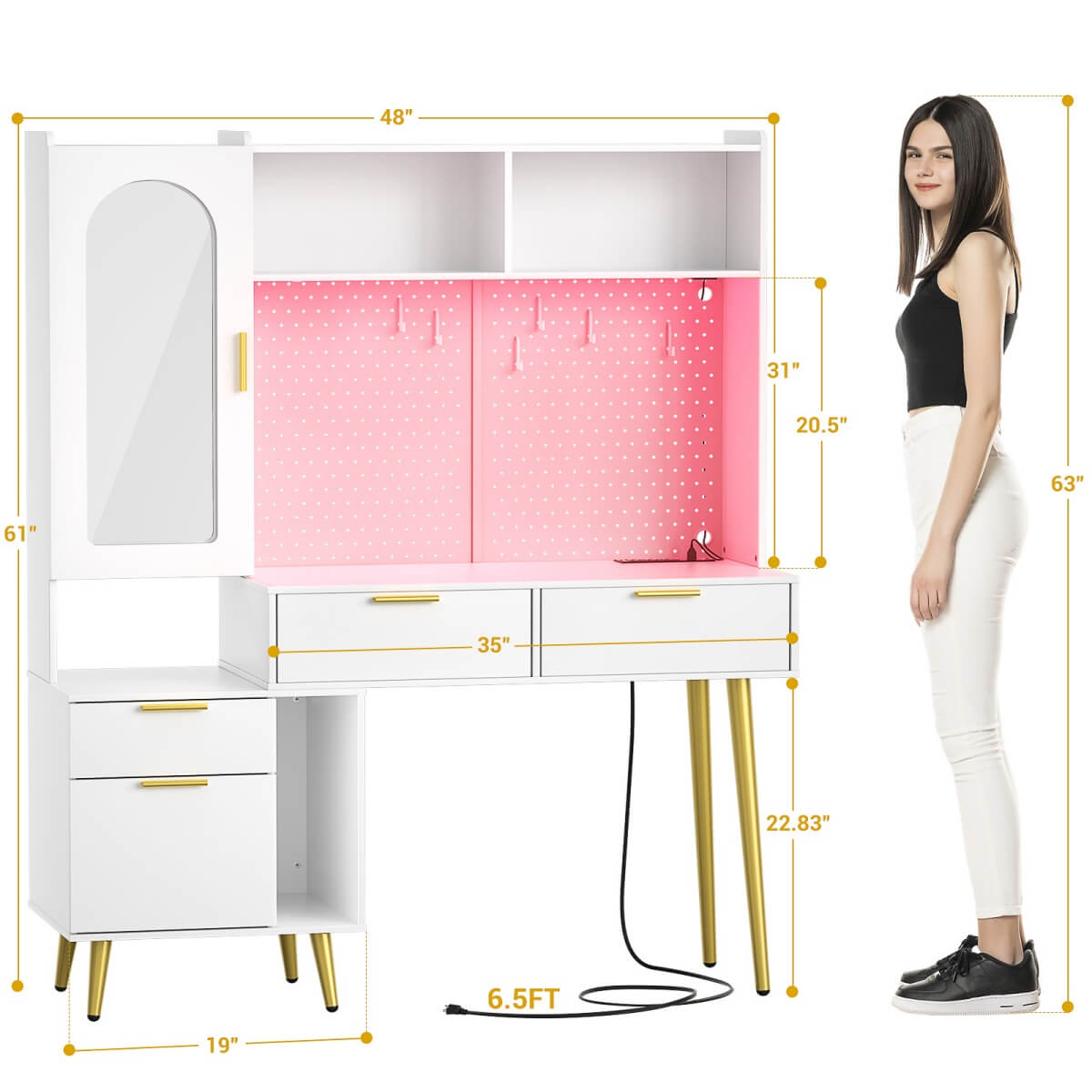 48'' Makeup Vanity with Hutch Storage, Charging Station & LED Lights