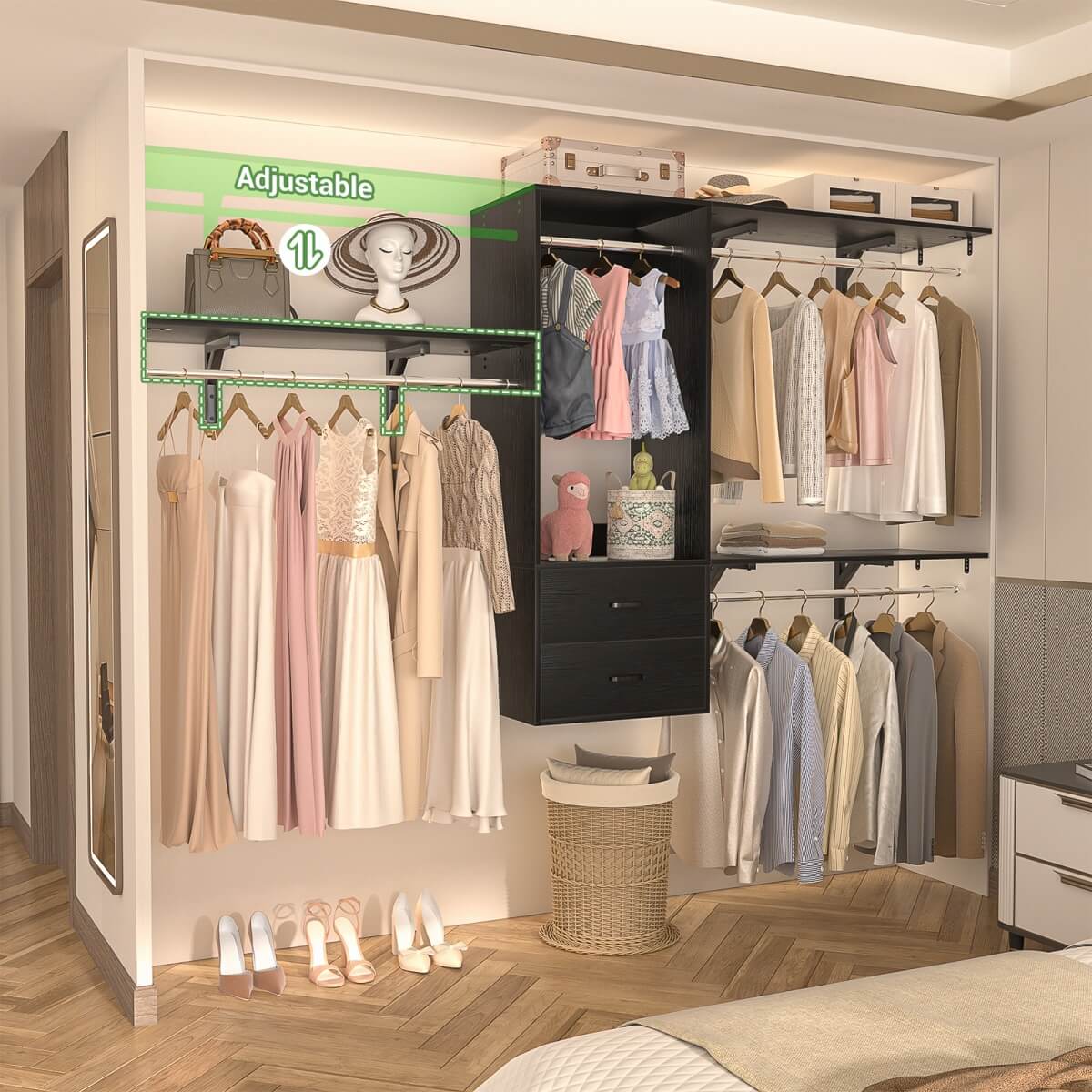 20-90 Inch Wall Mounted Closet System with 2 Wooden Drawers for Clothes Hanging