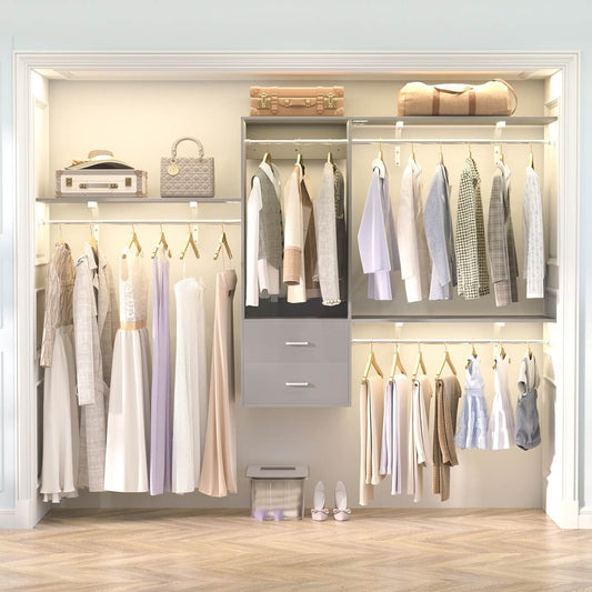 20-90 Inch Wall Mounted Closet System with 2 Wooden Drawers for Clothes Hanging