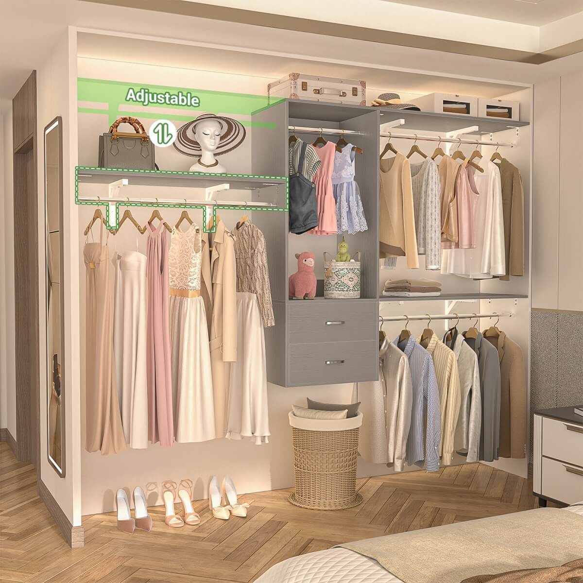 20-90 Inch Wall Mounted Closet System with 2 Wooden Drawers for Clothes Hanging