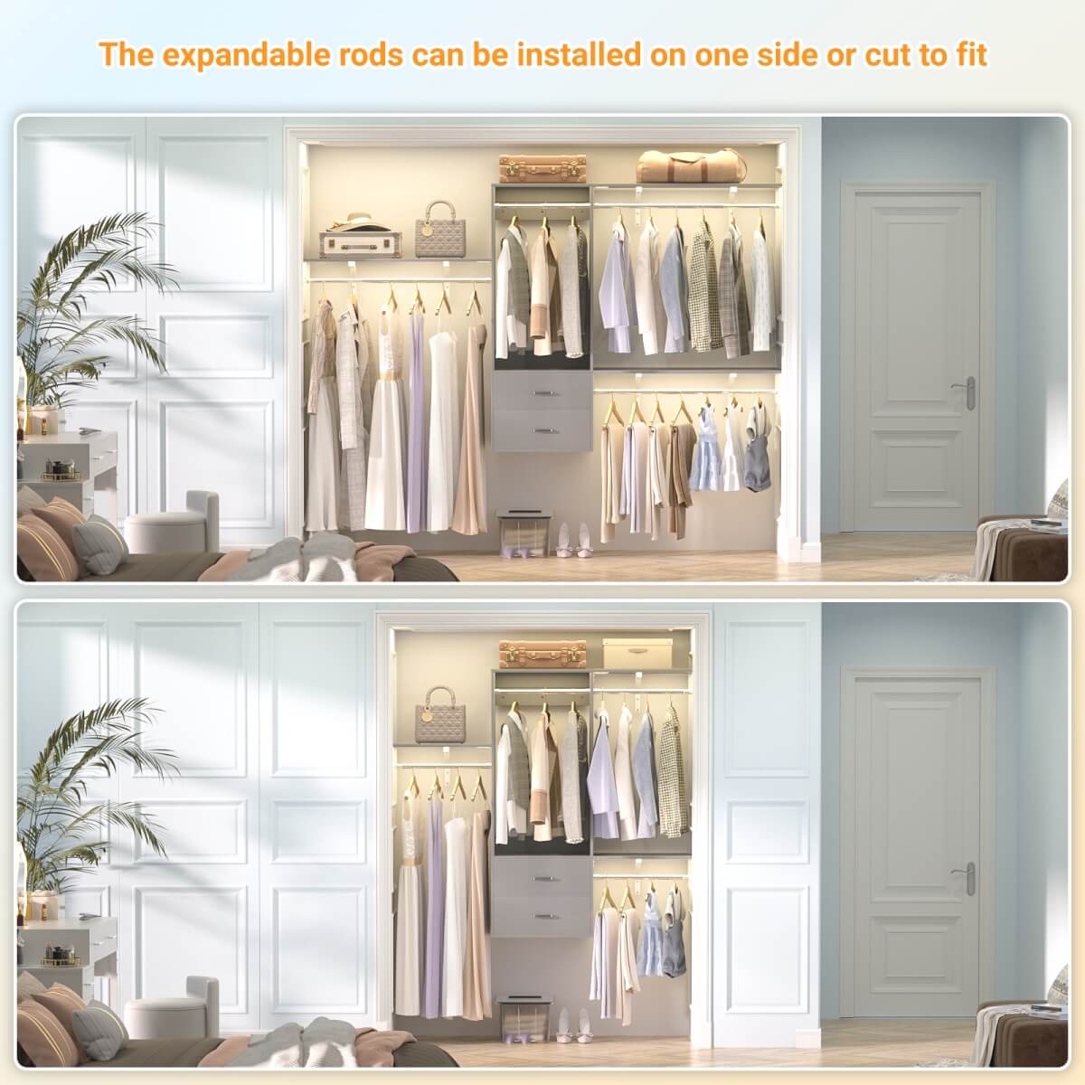20-90 Inch Wall Mounted Closet System with 2 Wooden Drawers for Clothes Hanging