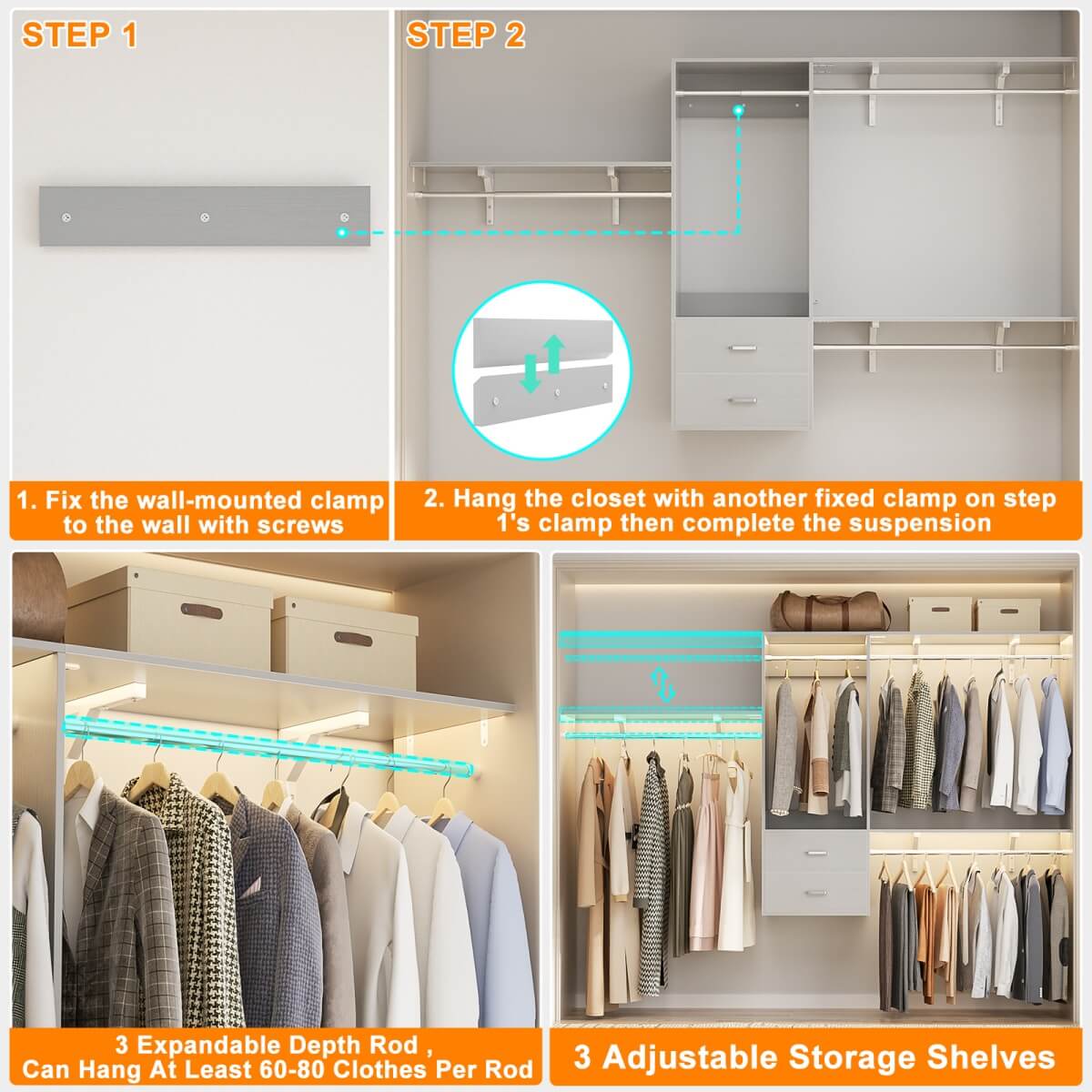 20-90 Inch Wall Mounted Closet System with 2 Wooden Drawers for Clothes Hanging