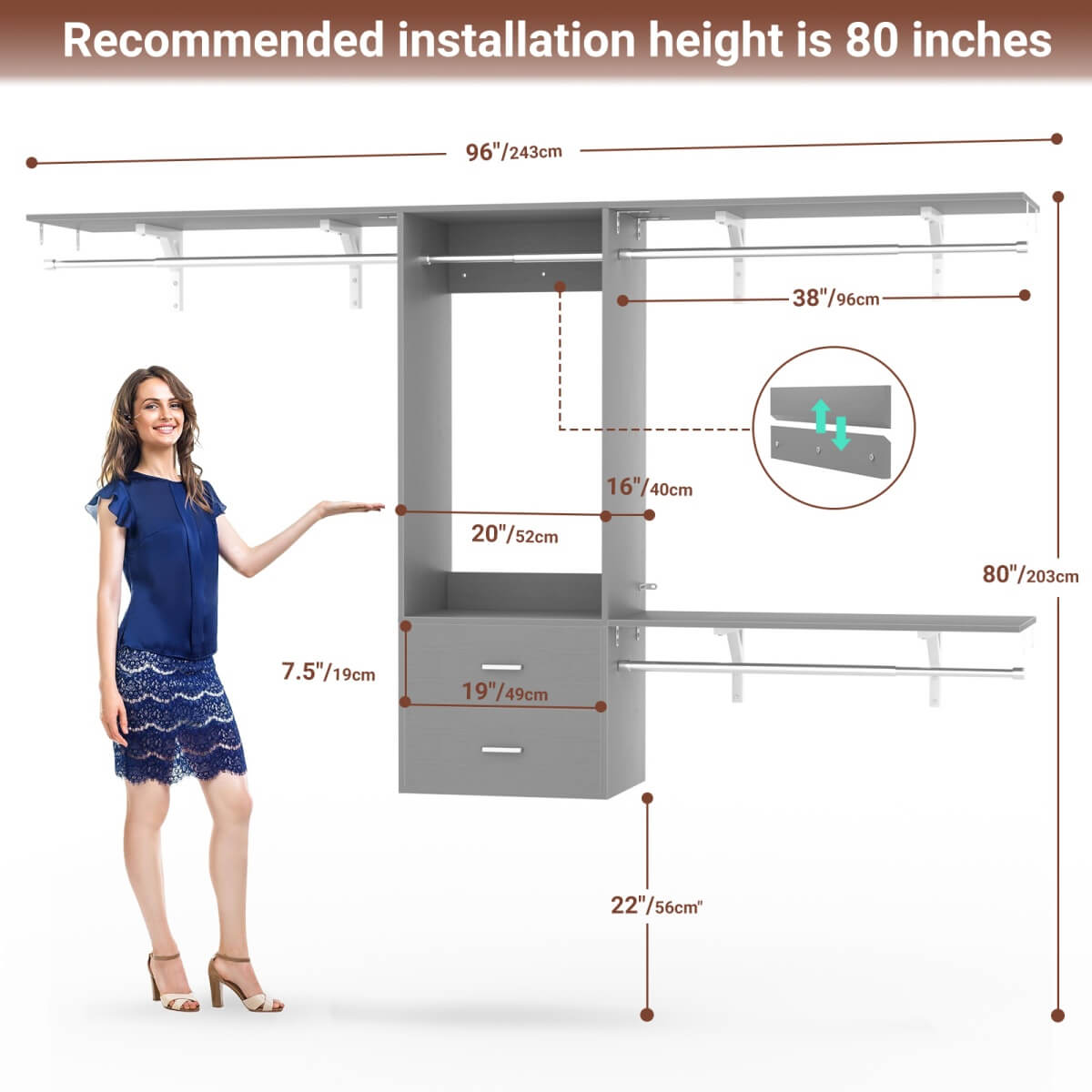 20-90 Inch Wall Mounted Closet System with 2 Wooden Drawers for Clothes Hanging