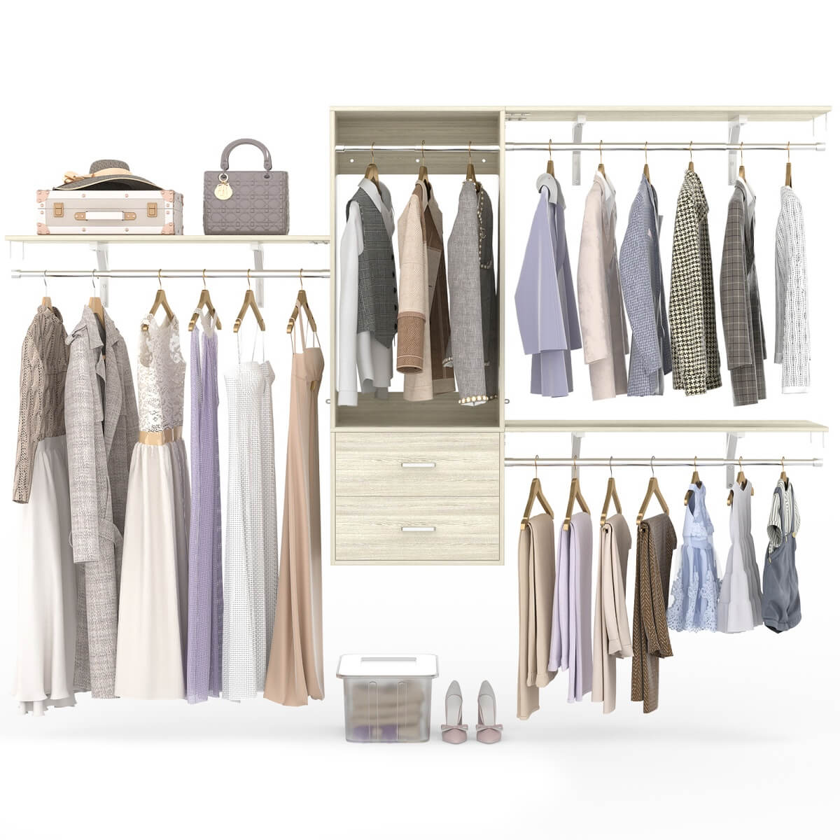 20-90 Inch Wall Mounted Closet System with 2 Wooden Drawers for Clothes Hanging