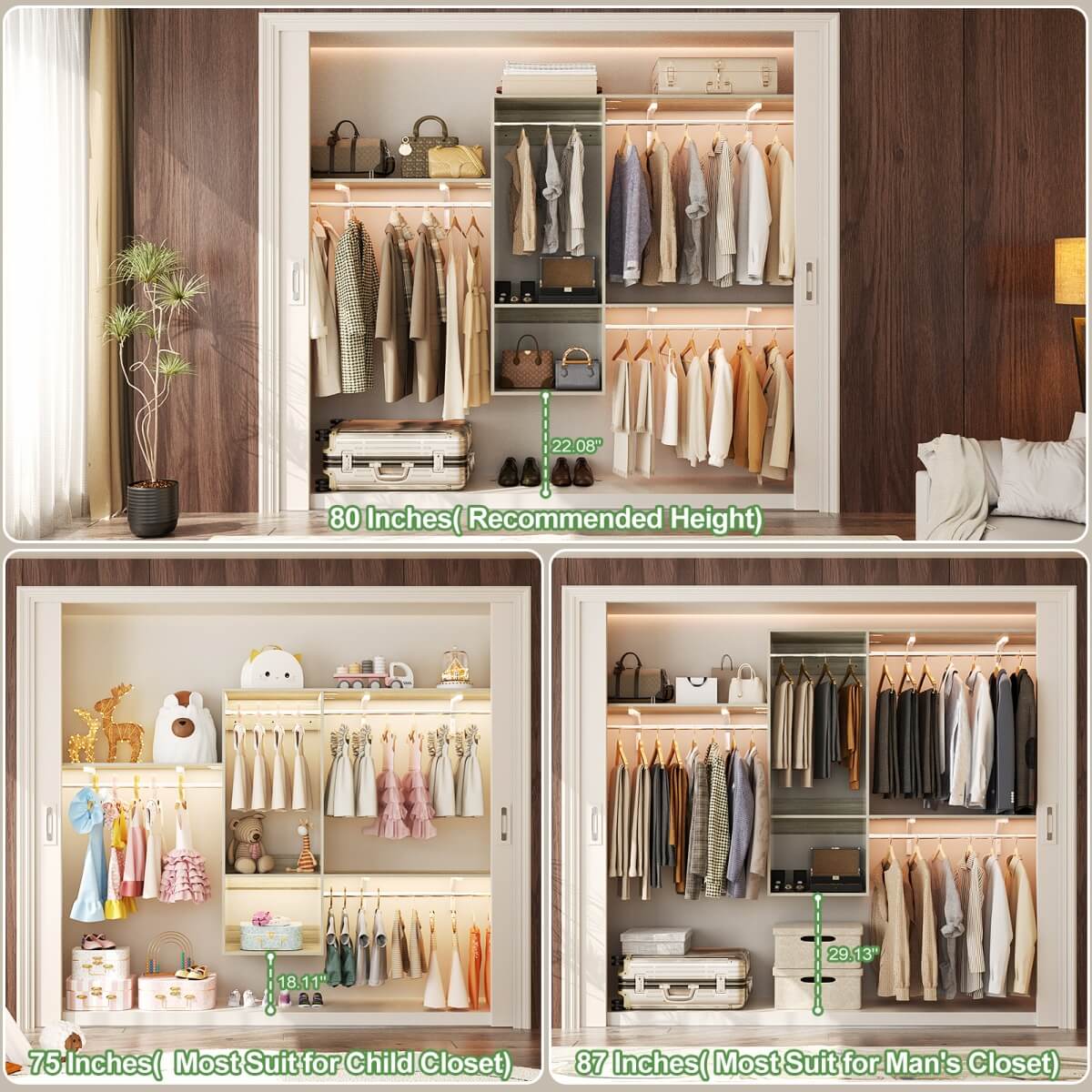 20-90 Inch Wall Mounted Closet System with 2 Wooden Drawers for Clothes Hanging