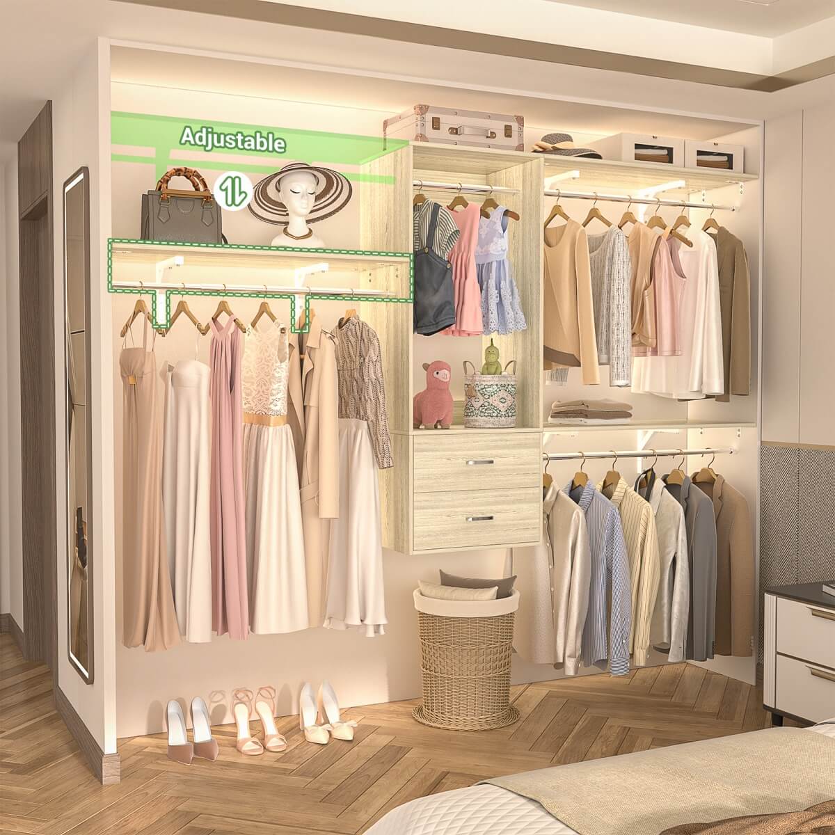 20-90 Inch Wall Mounted Closet System with 2 Wooden Drawers for Clothes Hanging