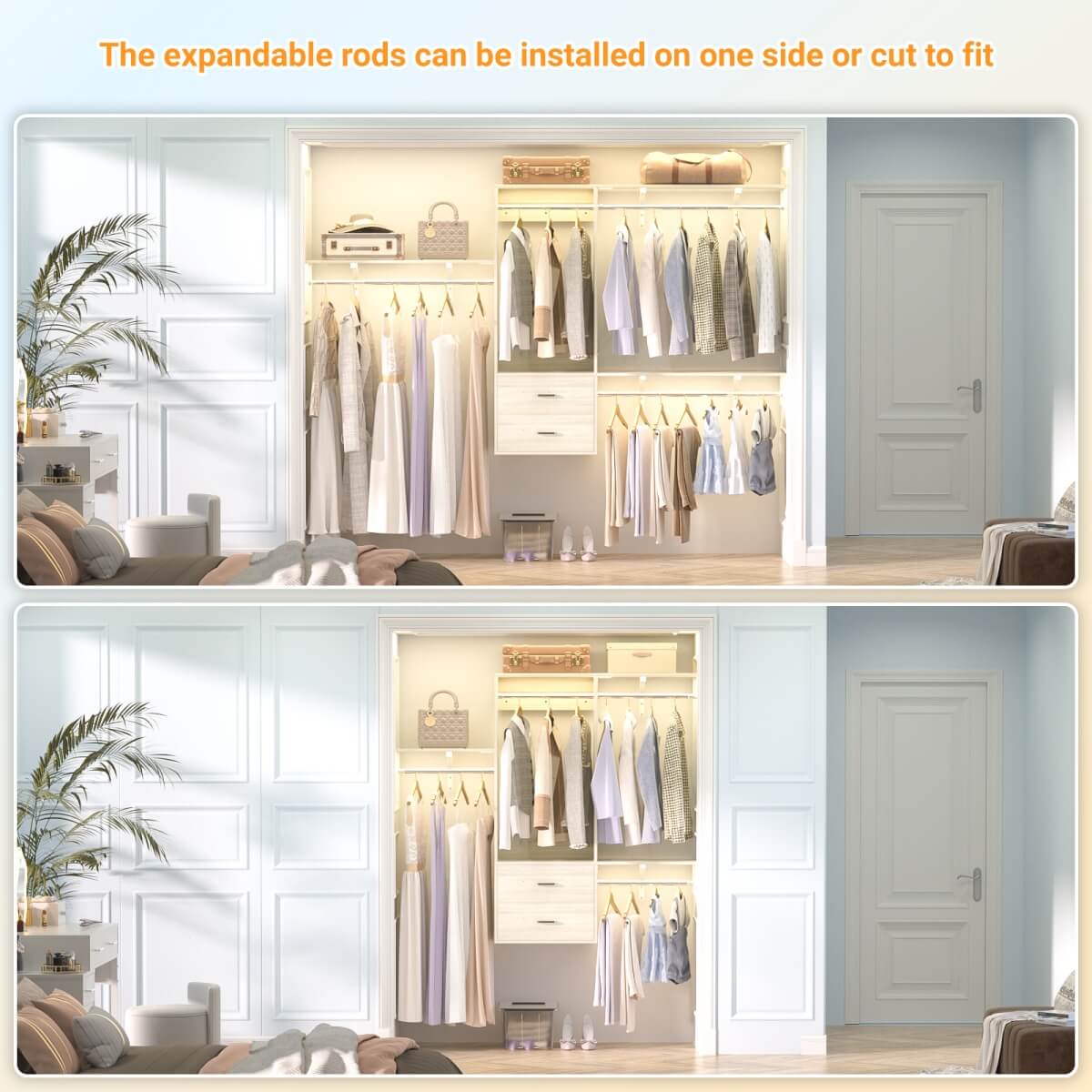 20-90 Inch Wall Mounted Closet System with 2 Wooden Drawers for Clothes Hanging