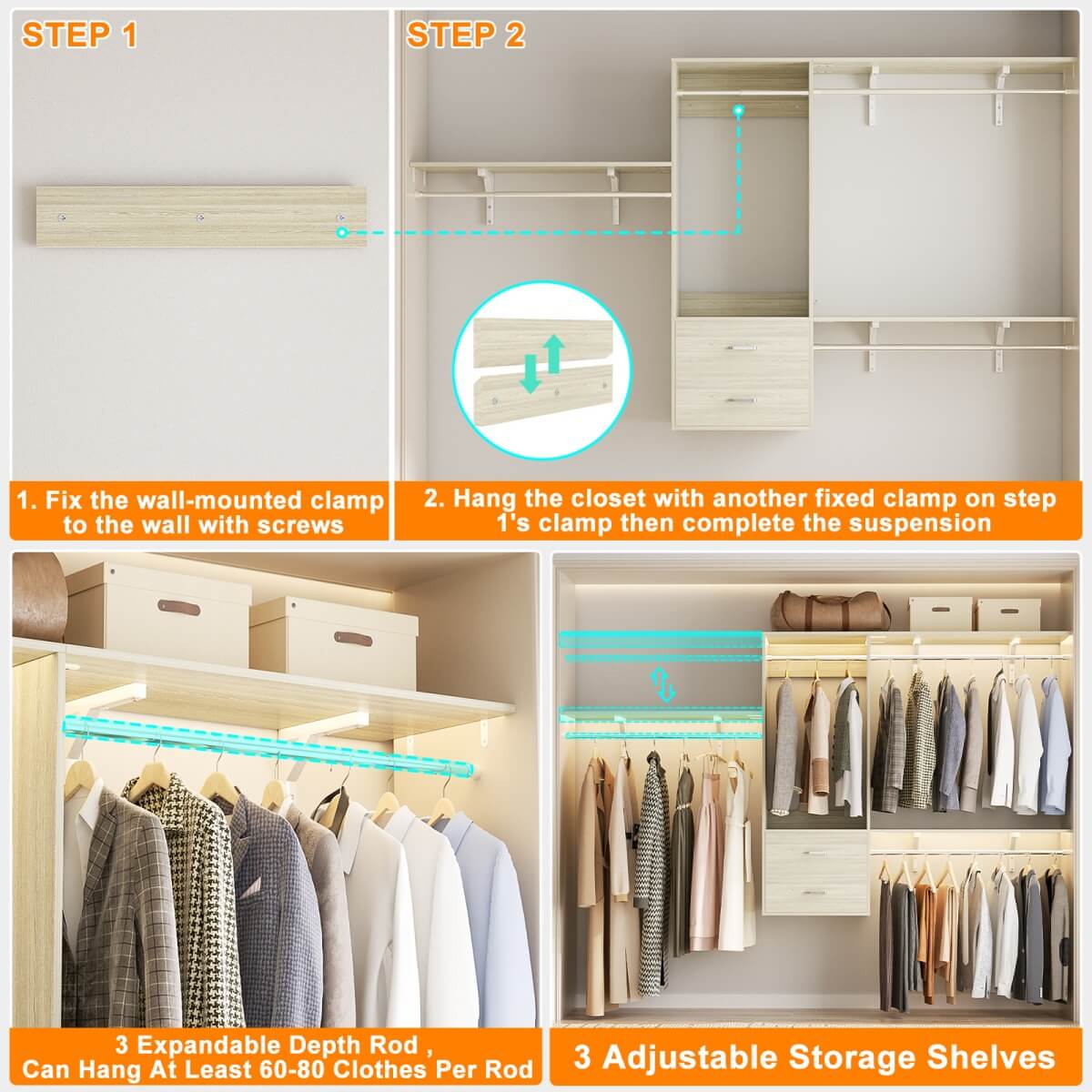 20-90 Inch Wall Mounted Closet System with 2 Wooden Drawers for Clothes Hanging