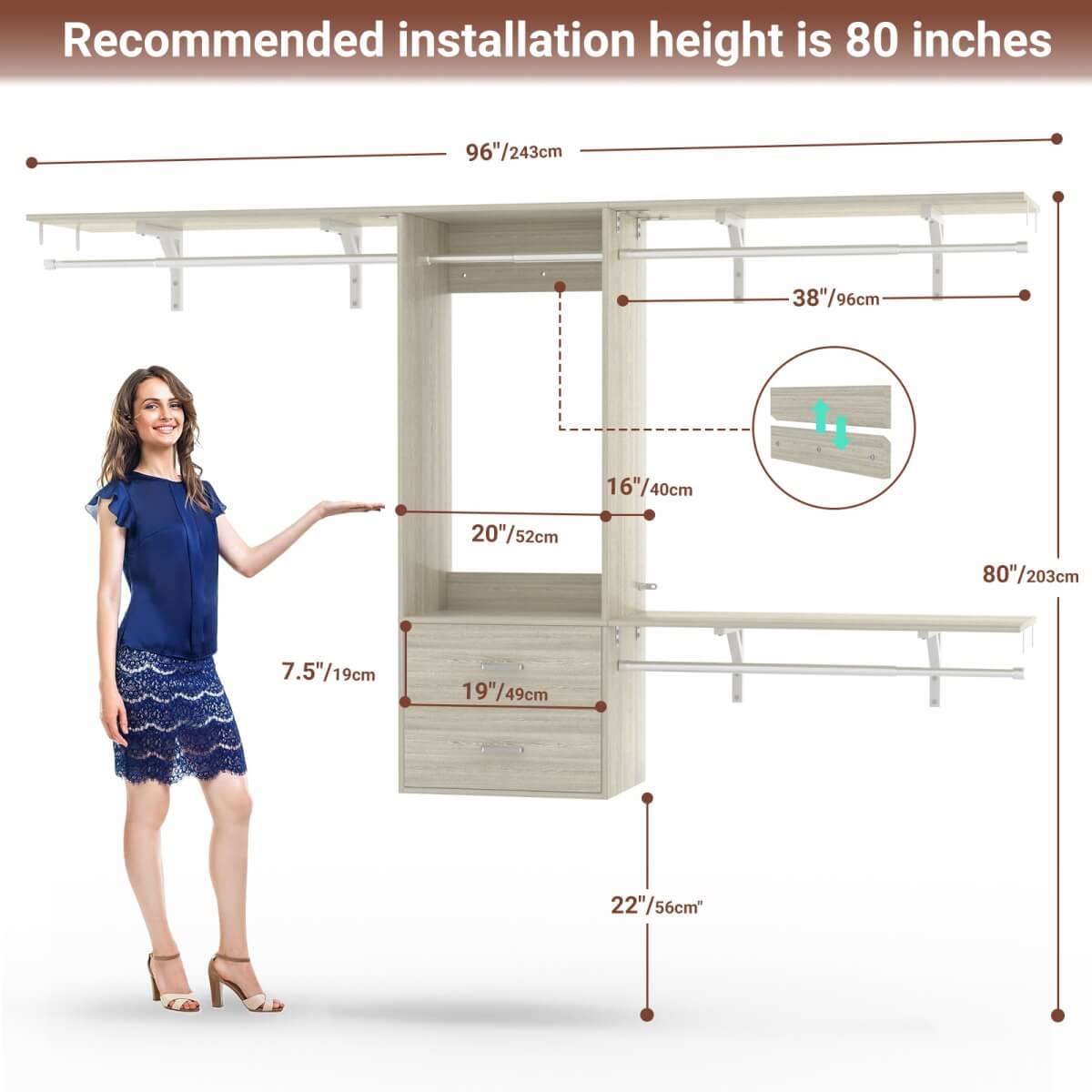 20-90 Inch Wall Mounted Closet System with 2 Wooden Drawers for Clothes Hanging