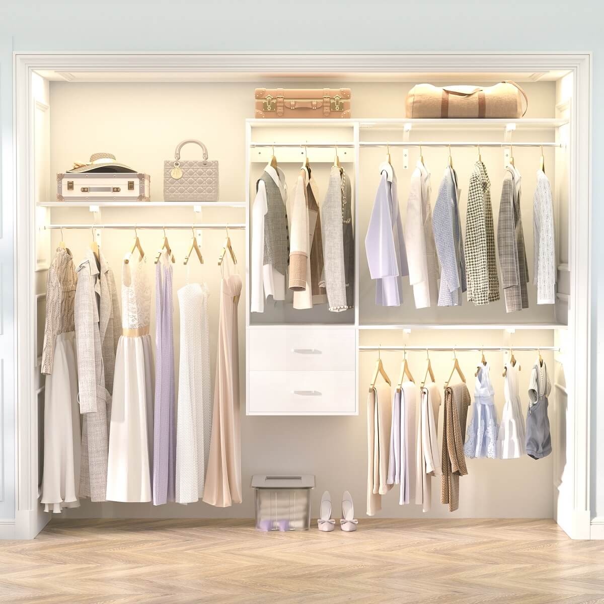 20-90 Inch Wall Mounted Closet System with 2 Wooden Drawers for Clothes Hanging