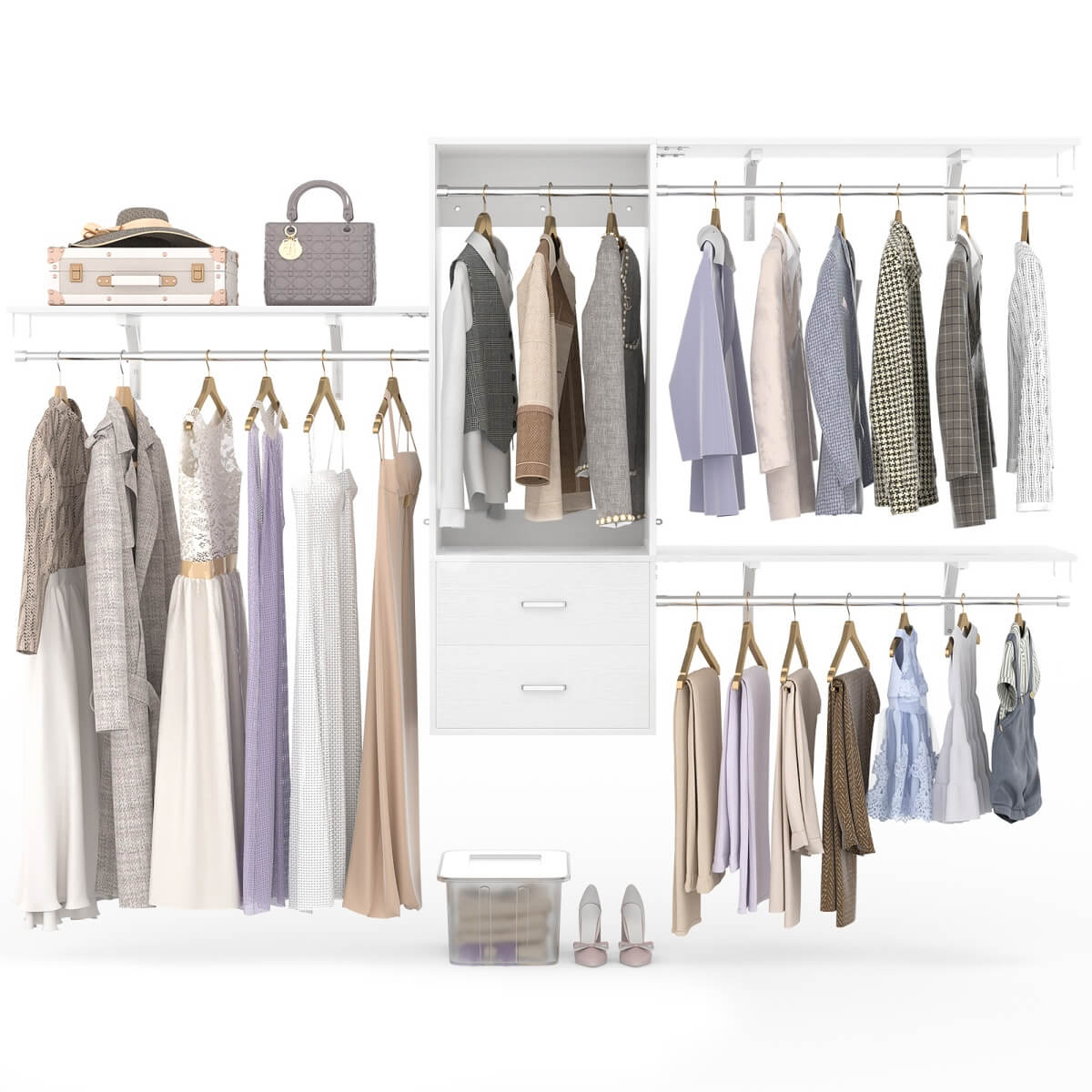 20-90 Inch Wall Mounted Closet System with 2 Wooden Drawers for Clothes Hanging