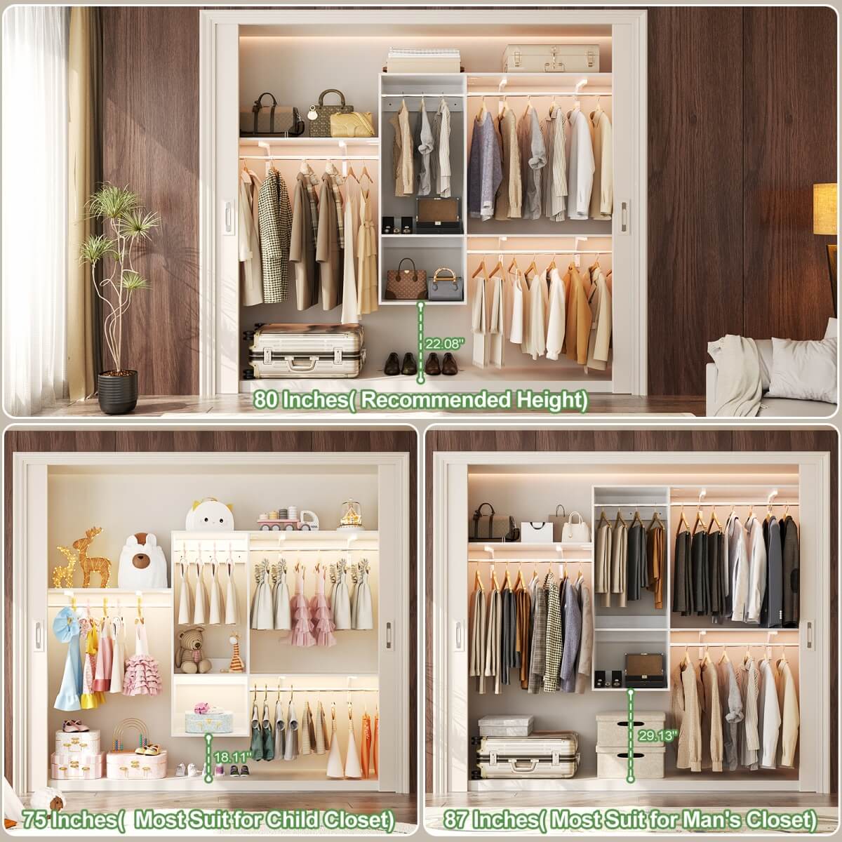 20-90 Inch Wall Mounted Closet System with 2 Wooden Drawers for Clothes Hanging
